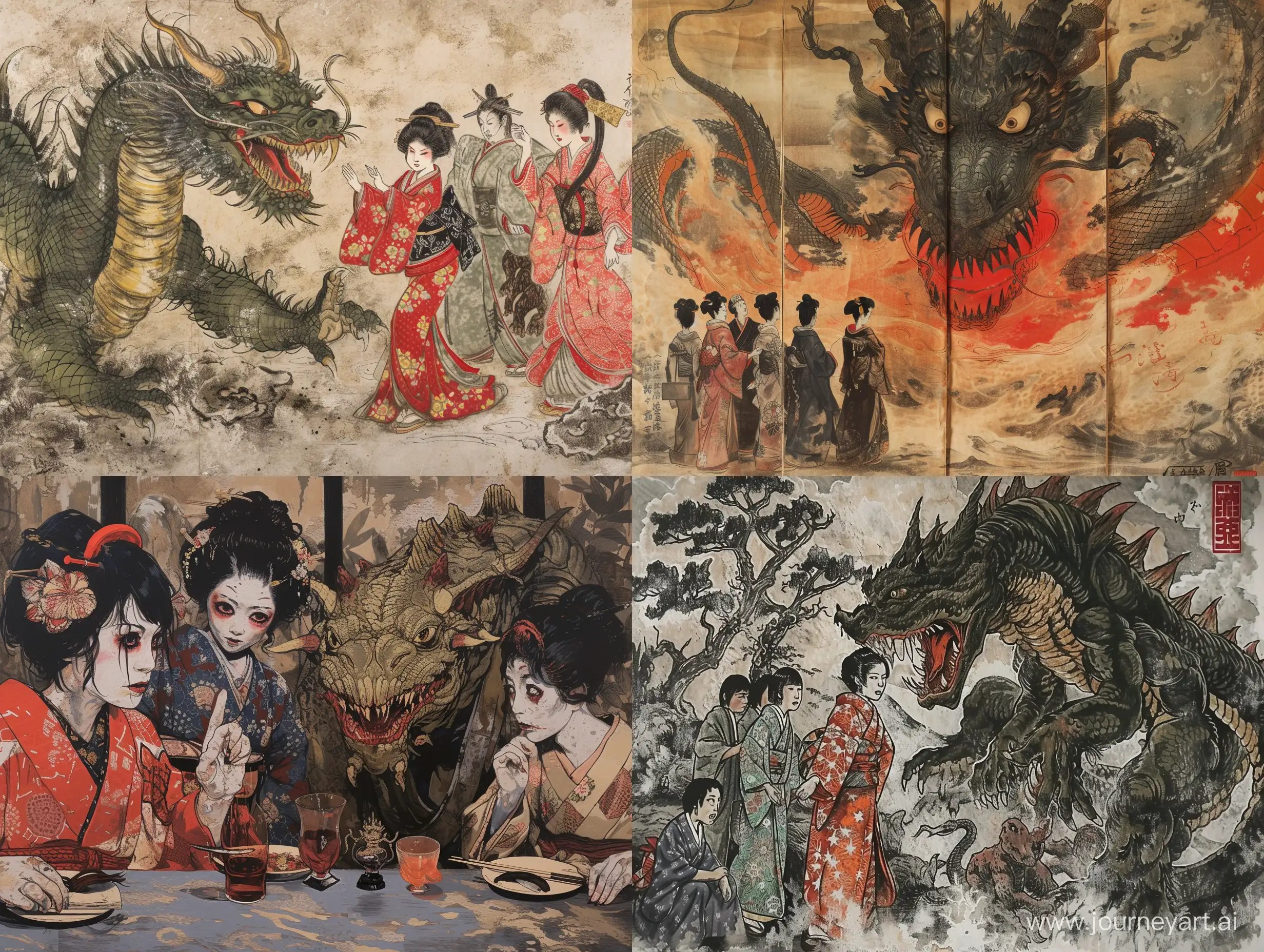 Japanese people,women,monster,gathering of the gods,Japan,old Japan Taisho romantic,terrifying feeling, fear,disgusting,crisis,slightly darker image 
