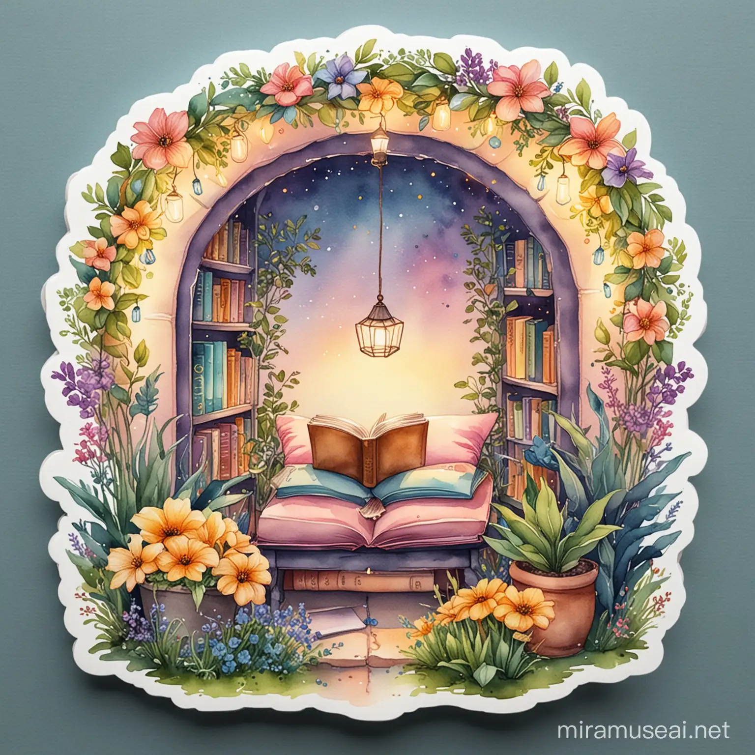 A higher quality watercolor illustration sticker of book reader cozy nook , plants flowers in around , in acenter position, watercolor painting style format, use pink, blue, yellow,  orange,  violet, green watercolors , decorative lights 