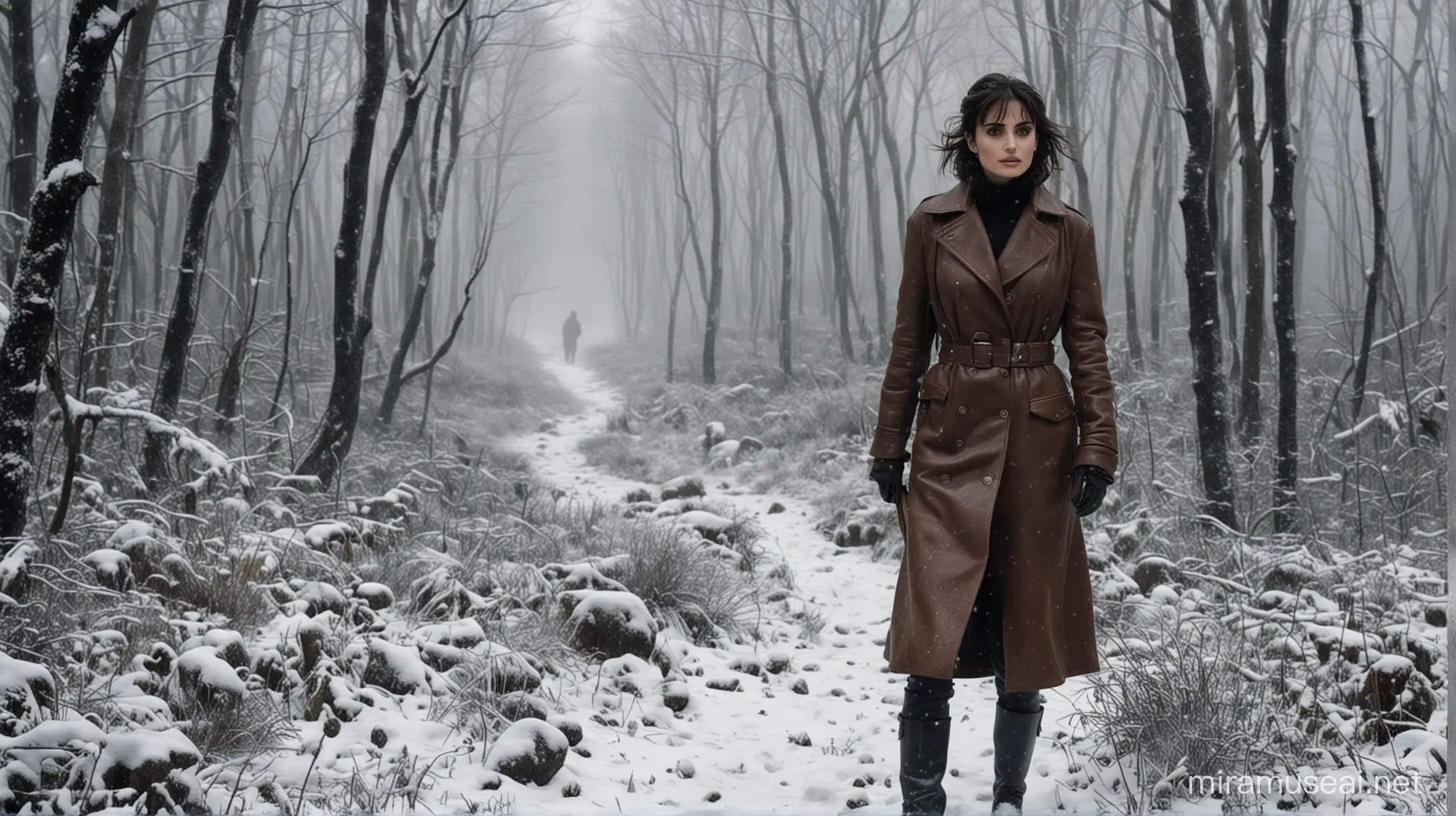 Penelope Cruz Walking in Arctic Forest Snowstorm with Antique Camera