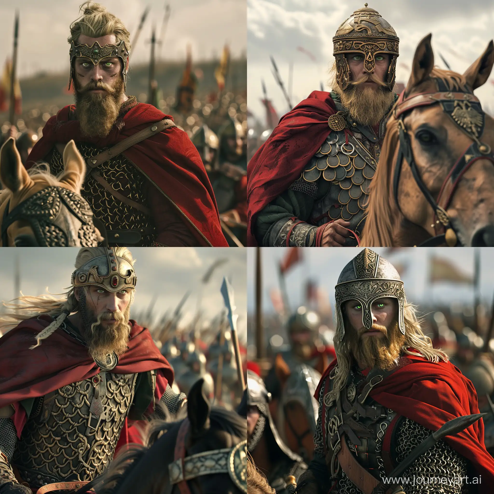 Kievan Rus chieftain Rurik on horse at battle field. He has blonde beard and dark green eyes. Wearing lamellar armor, red cape and helmet with aventail. He orders his army to charge. Cinematic shot. Realistic. HD.