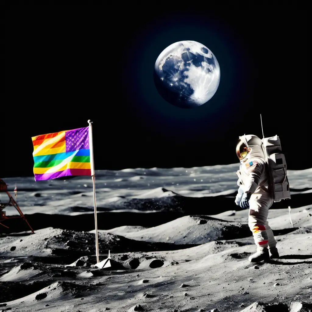 gay pride flag waving flag on moon with astronauts