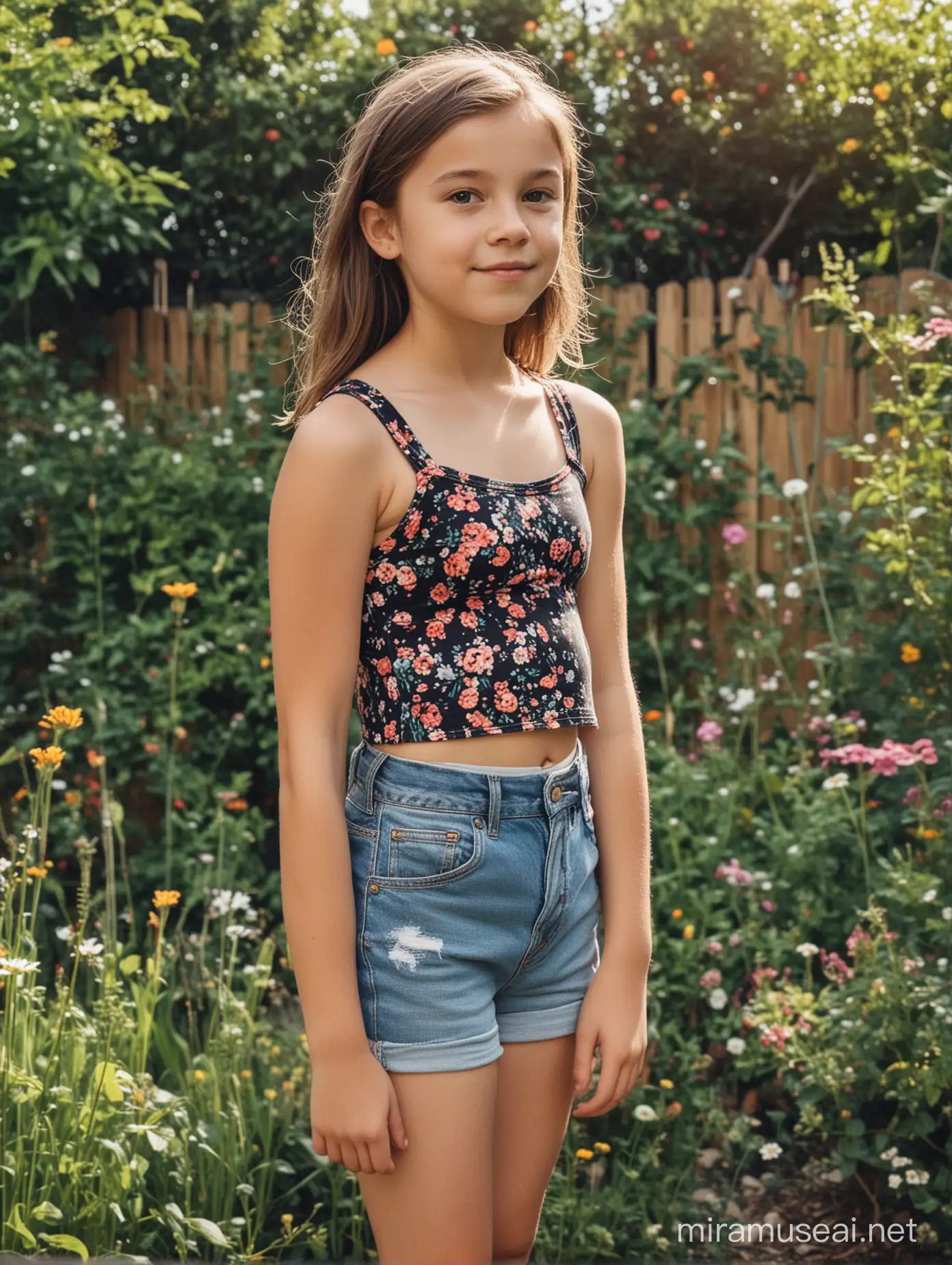 A 11 years old girl, wearing Cutout Tank Top + High-Waisted Shorts, in garden