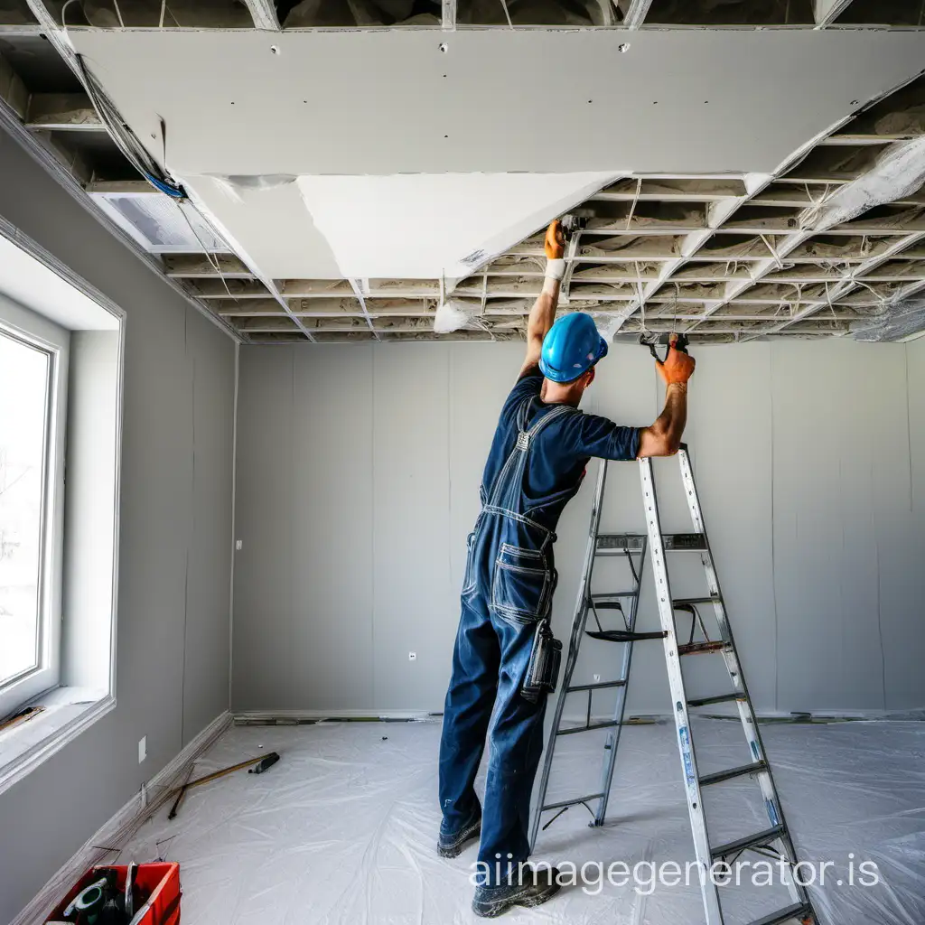 The worker is installing drywall