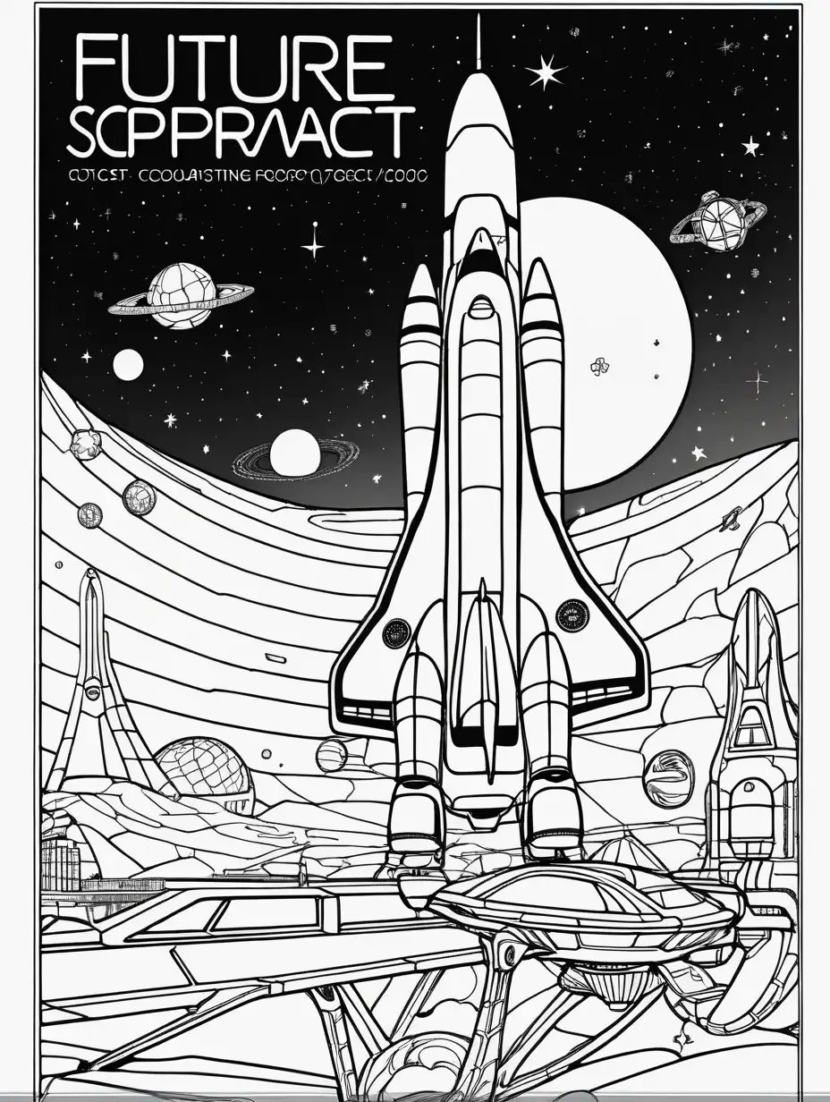You are a graphics designer and you need to design a front cover for a high level adult coloring    book  for the topic of Future Flight: The cover is to be futuristic and associated future  future deep spacecraft.  Rich color contrast. Publish size is  8.5x11 inches glossy NO TEXT ON COVER