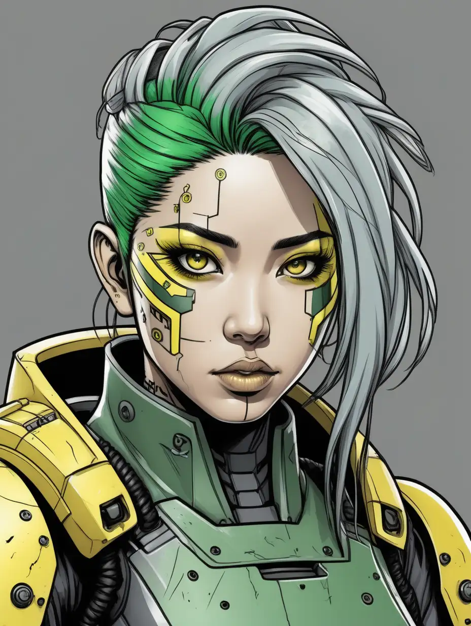 inked comic book art style. Close up portrait. Japanese woman. Hacker. Green hair. Wearing light grey and yellow power armor. Grey background.