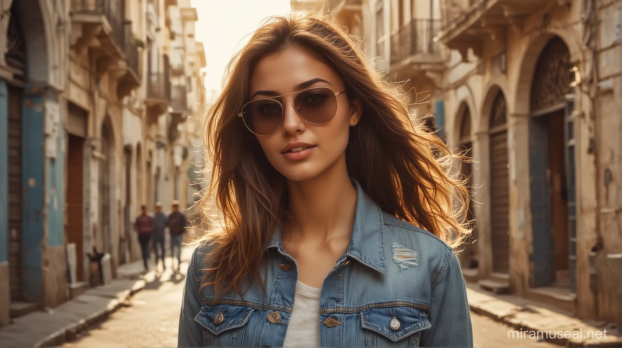 " photorealistic portrait of a 25-year-old brunette Algerian girl full body with long, flowing light brown hair and striking hazel eyes, wearing sunglasses and a Vintage-inspired denim: Retro washes, distressed details, and high-waisted silhouettes are making a comeback., set in Algiers Center. She should have a natural, approachable expression and be illuminated by soft, golden-hour sunlight. The background should depict a scenic outdoor setting, perhaps the bustling streets of Algiers with its iconic architecture. Capture this image with a high-resolution photograph using an 85mm lens for a flattering perspective, amidst the vibrant energy of the city center with a group of people passing by."