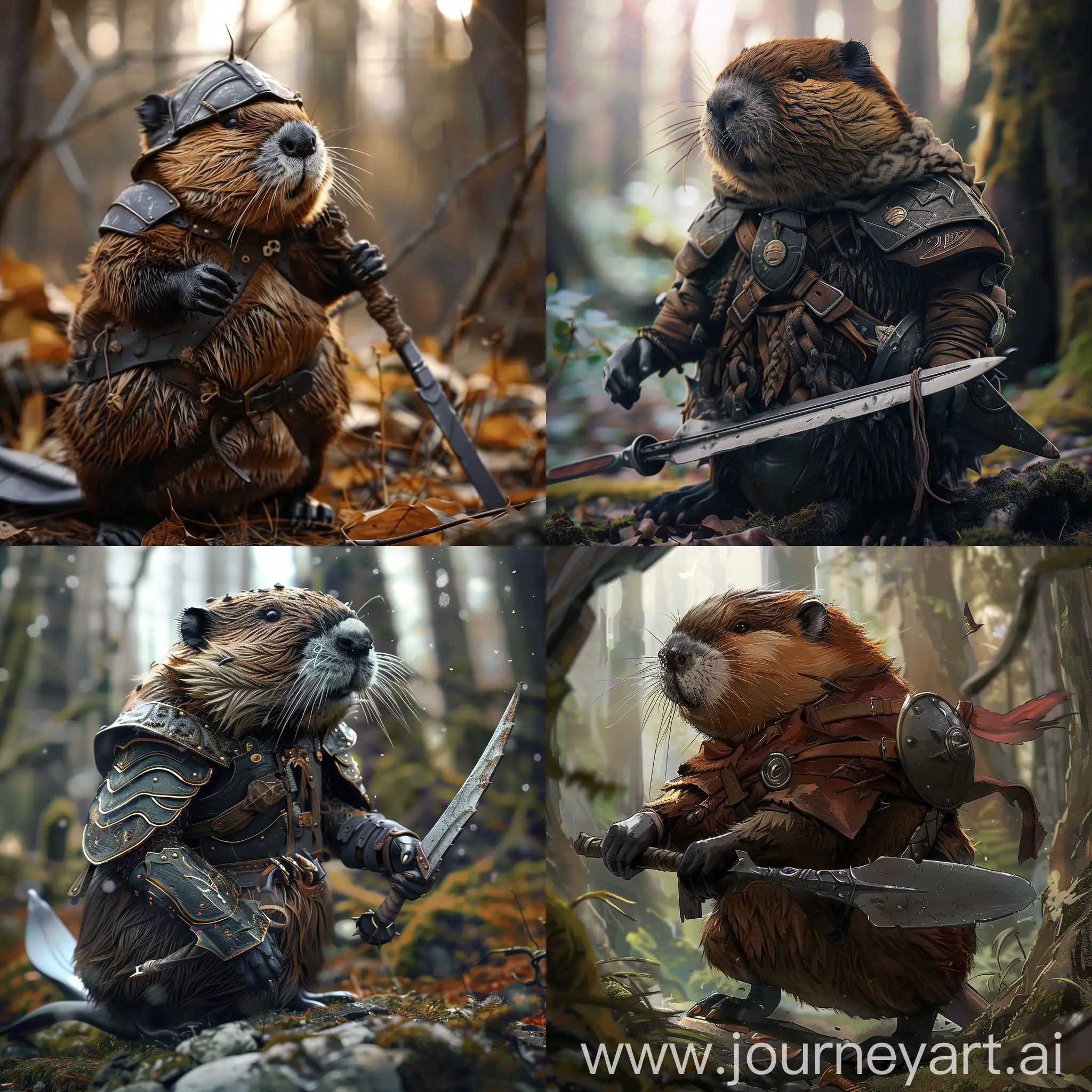 cute beaver fantasy warrior in the forest