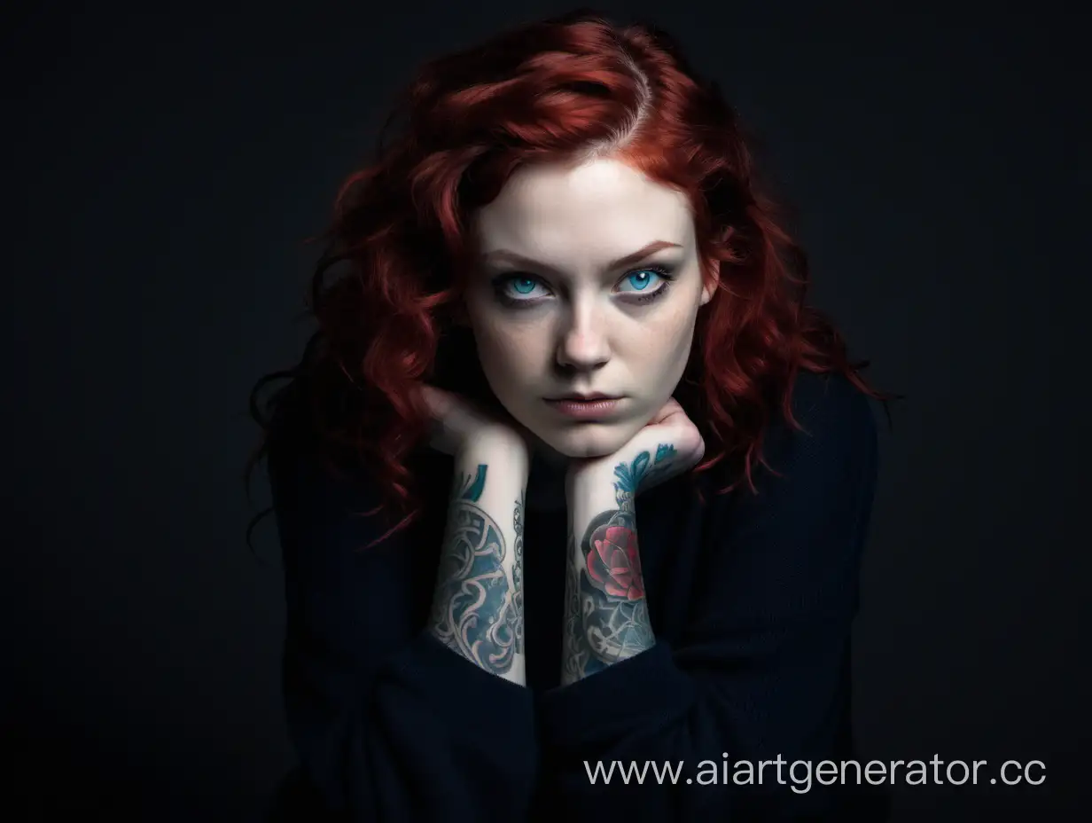 угрюмая бледнолицая девушка, у неё рыжие волнистые волосы,и тёмно-синее глаза. Одетая в черный свитер, закатанный до локтей,  худые запястья и покрытые татуировками руки.  