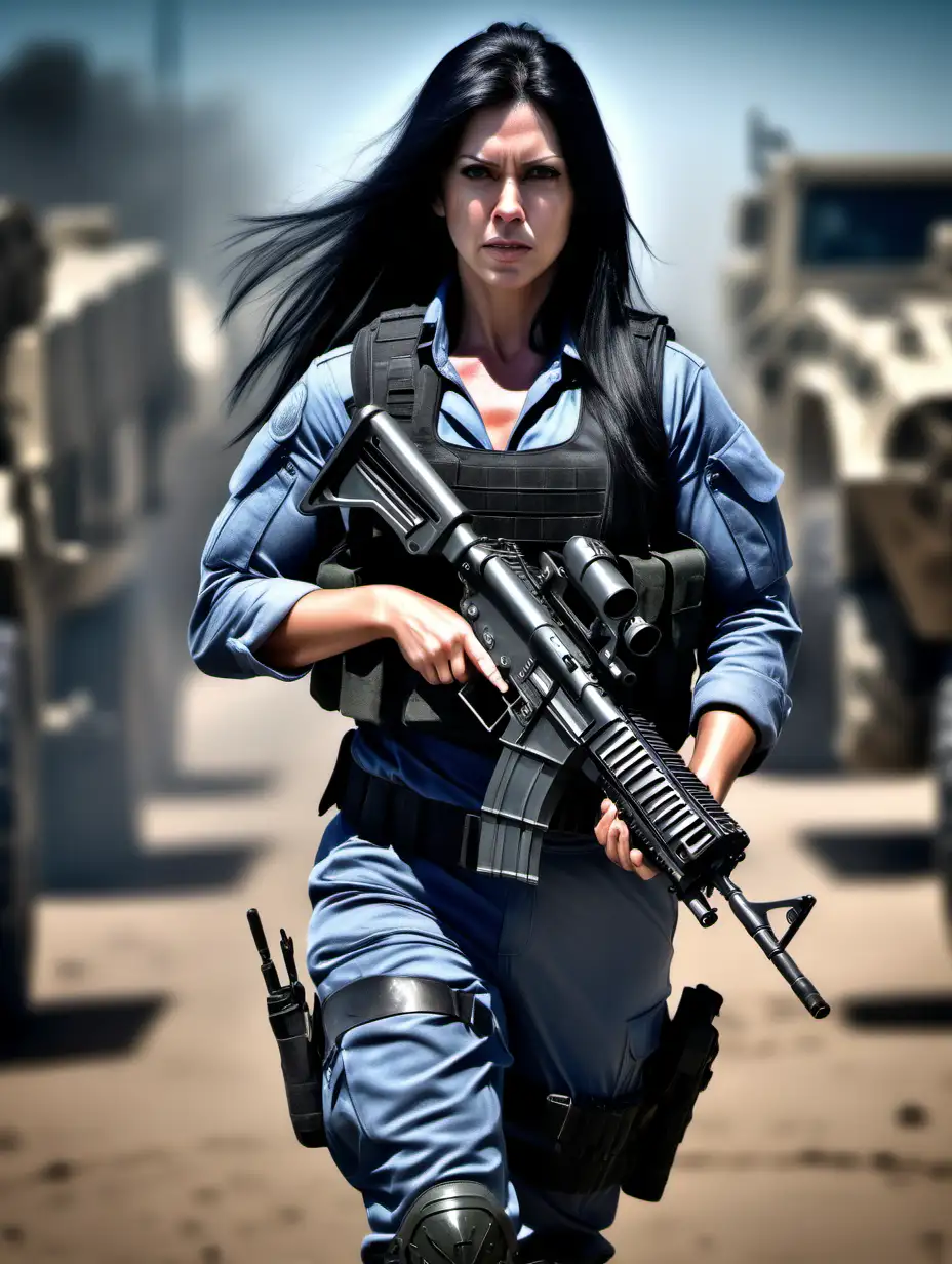 Australian Woman, long black hair,  muscular, combat uniform, machine gun, combat helmut, walking towards the camera, ultra realistic, ultra hdr, --raw