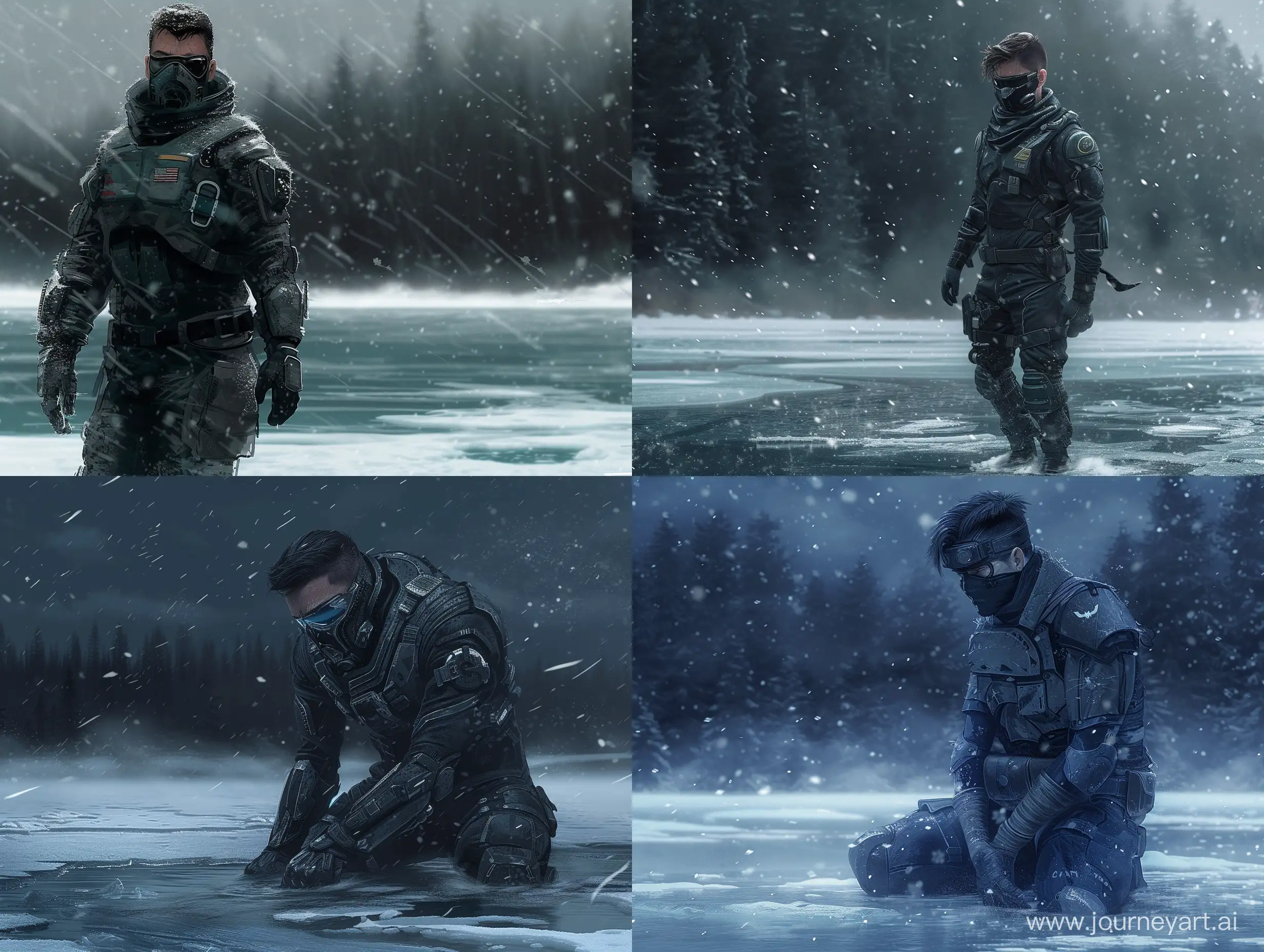 concept art, male, sci fi dark hunter uniform, half mask on face, on an icy lake, dark forest in the background, snowstorm