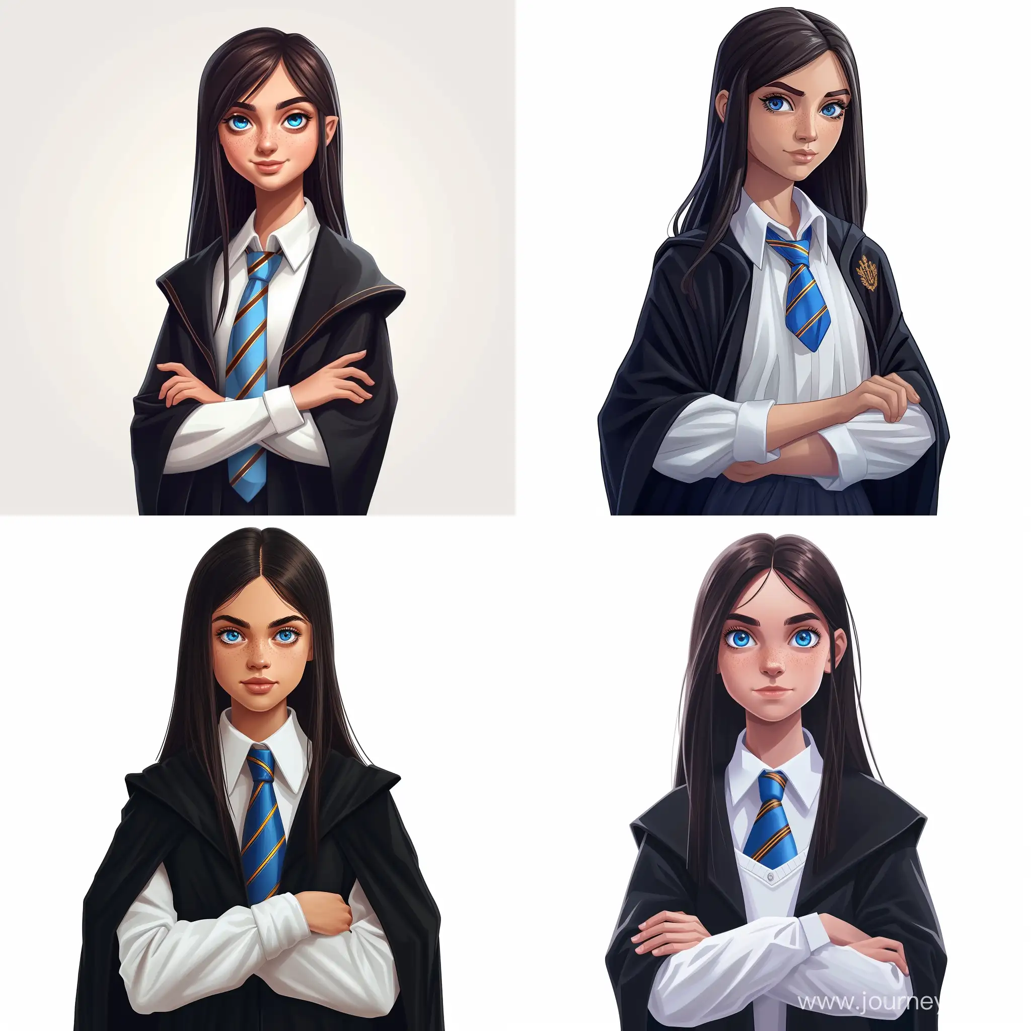Beautiful girl, straight dark hair, blue eyes, white skin, teenager, 15 years old, Harry Potter fandom, Hogwarts, Ravenclaw uniform, white blouse, blue tie with bronze stripes, black robe, standing with folded arms, high quality, high detail, cartoon art