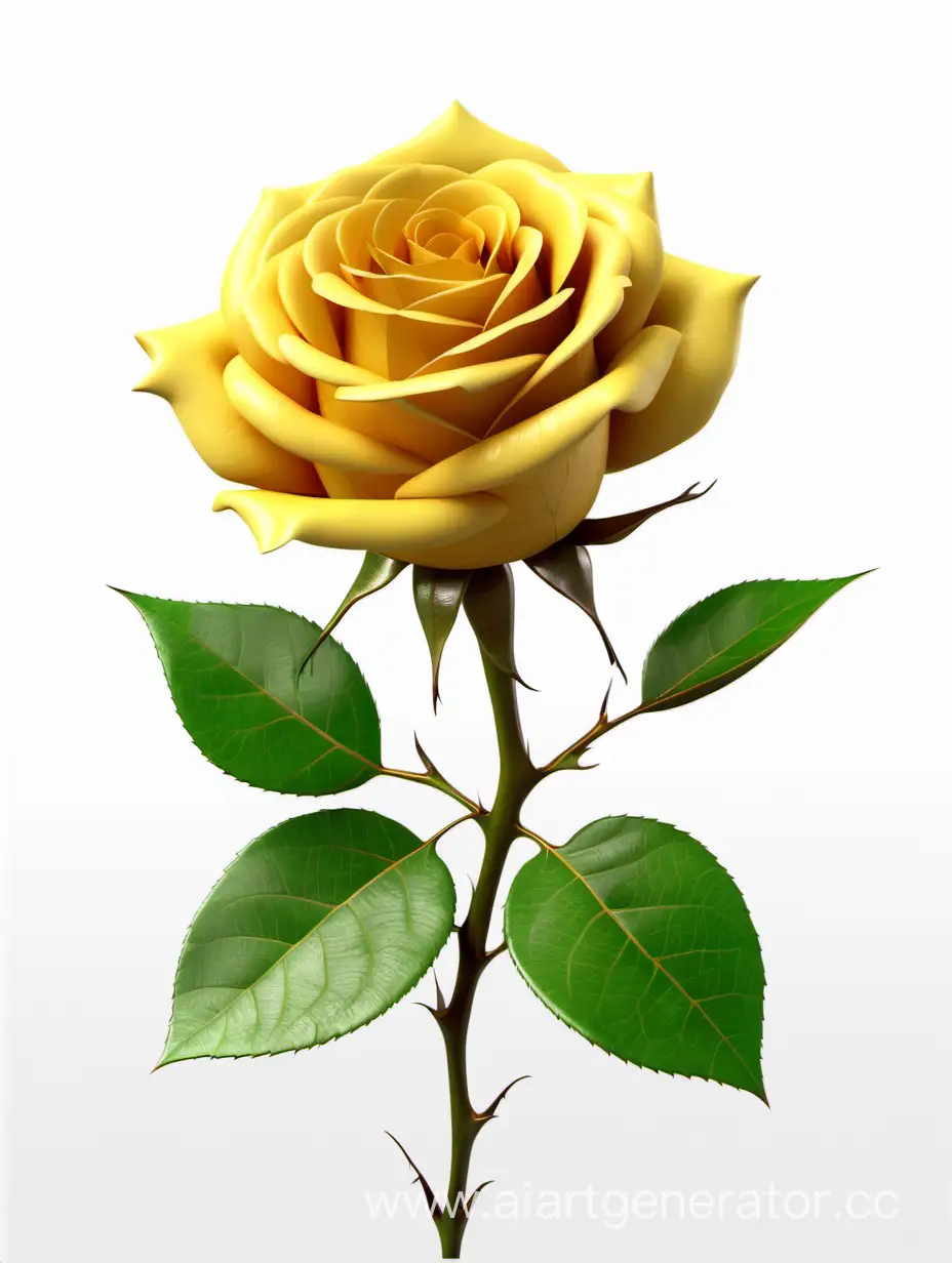 realistic dark yellow Rose 8k hd with fresh lush 2 green leaves on white background