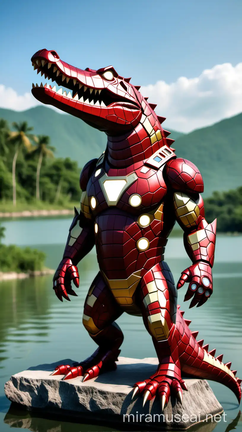 Image of a crocodile with an Iron Man pattern, lake background