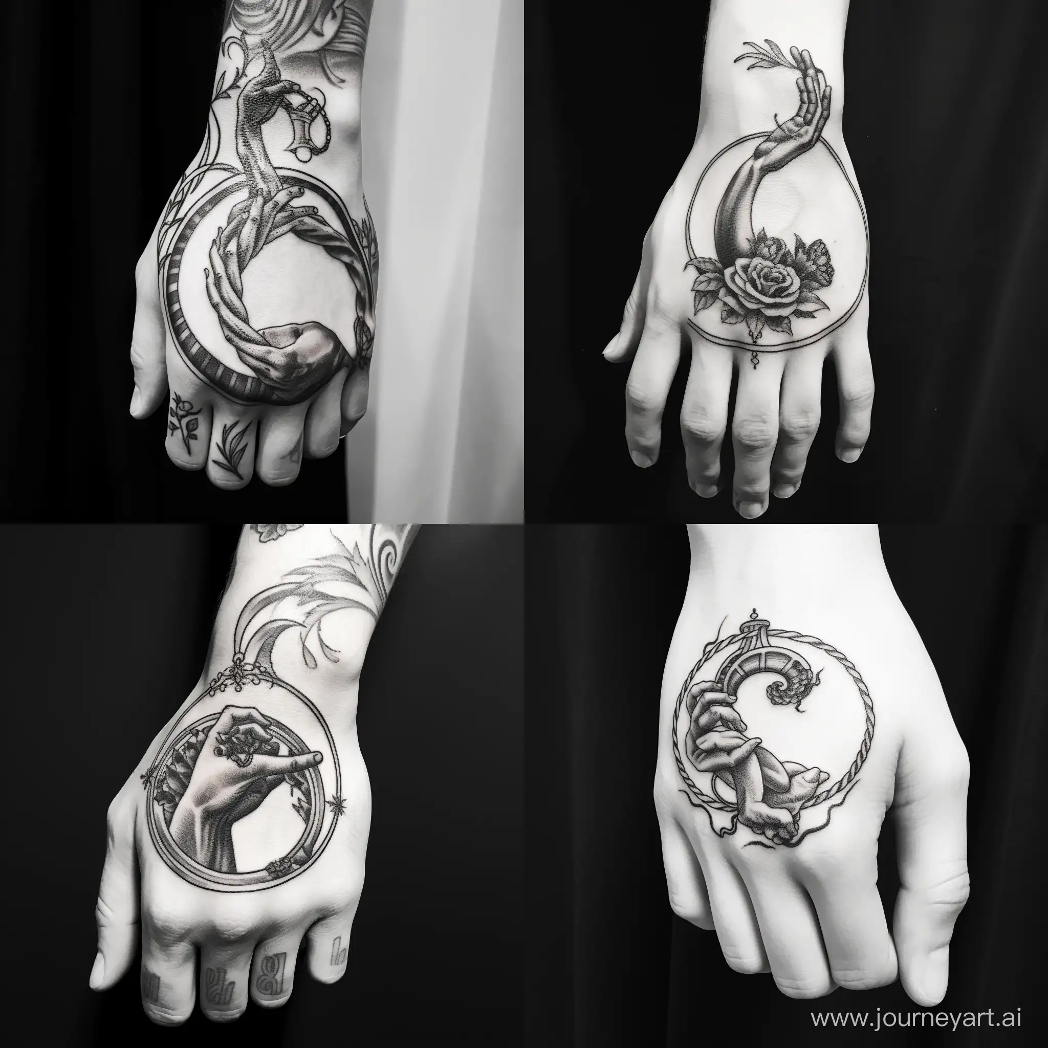  a compelling Sisyphus-themed tattoo for your right palm, symbolizing the eternal struggle with clean lines, black-and-white contrast, and a subtle thorny wreath. Tailored to the palm's curves, this design offers timeless allure, capturing the essence of Sisyphus's enduring spirit encircled by the symbolic thorny wreath.