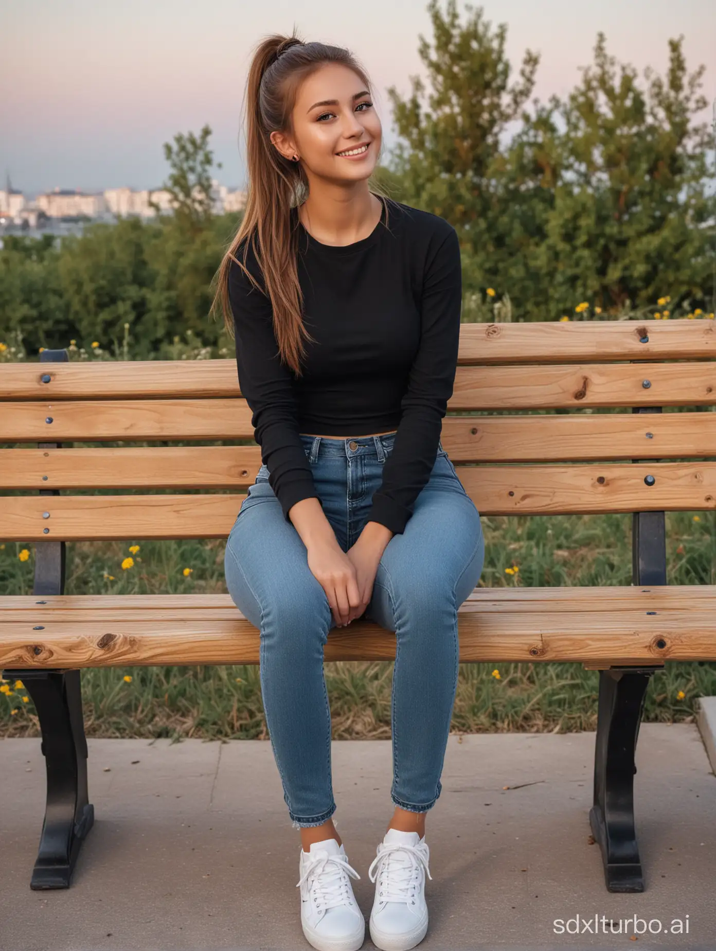 Confident-Eastern-European-Girl-Sitting-on-Bench-in-Dynamic-Pose