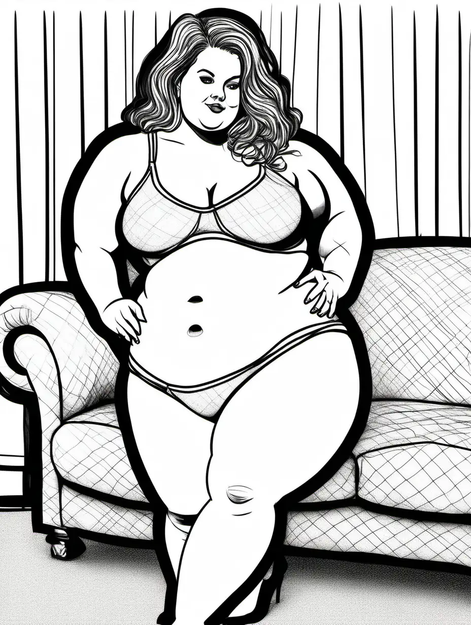 line drawing of a chubby scantily dressed woman with her belly rolls hanging out. She is posing on a sofa