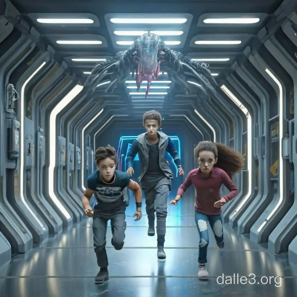дети убегают от хищника внутри футуристичной космической станции