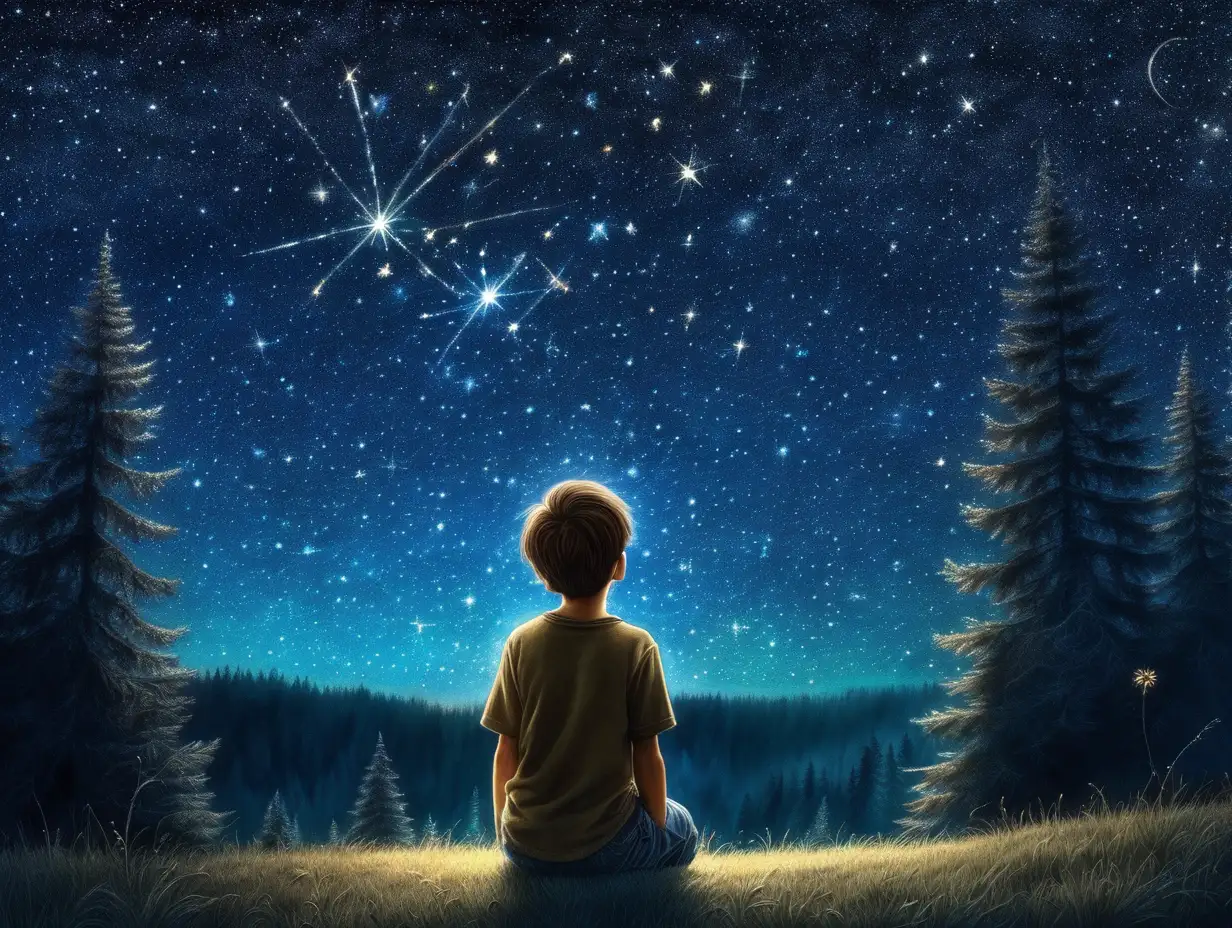 Enchanting Moment Teenager Gazing at Two Magical Stars in Fairy Tale Forest