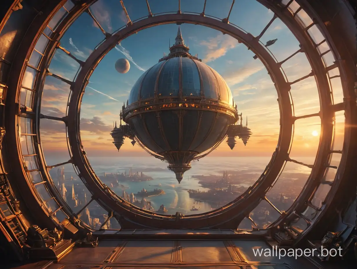 Window into fantasy space with planet. fantastic tower against sunset background. There is an high tech airship with sails in the sky. High resolution. 4K definition. sci-fi.