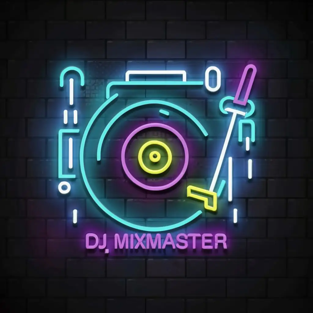 logo, vinyl  with neon colors 
, with the text "DJ.Mixmaster", typography