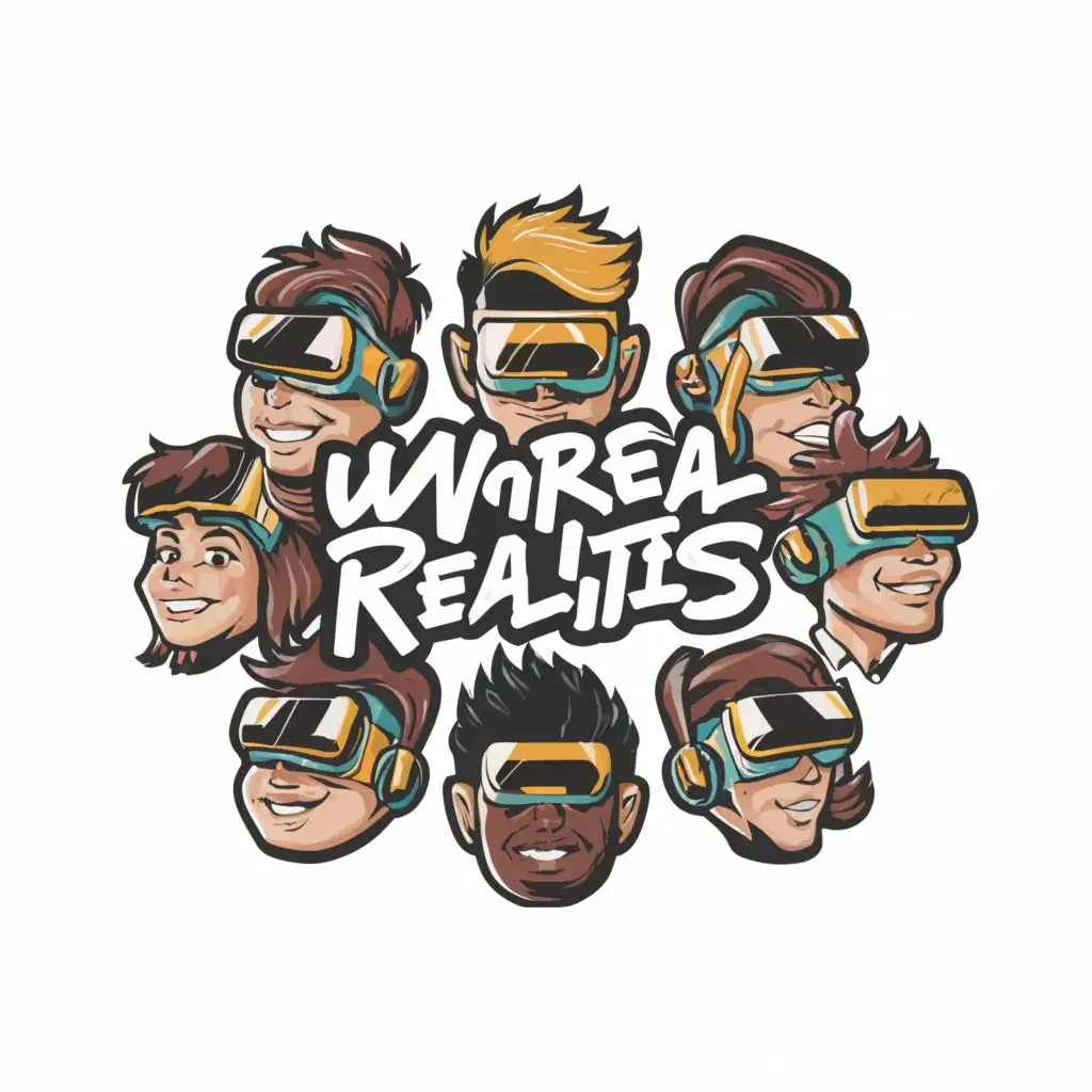 logo, The logo features six members of a group, each wearing a VR. The VR have the words "Unreal Realities" written on them. The VR can be designed uniquely for each member, perhaps with different colors or patterns to represent their individuality. The overall design should convey a sense of unity, teamwork, and excitement for gaming., with the text "Unreal Realities", typography, be used in Entertainment industry