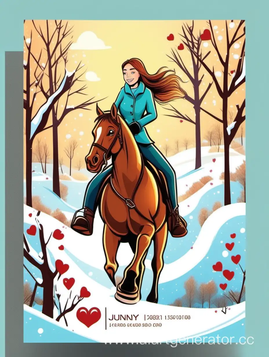 визитка, прогулки на лошади вдвоём с девушкой, любовь, мультяшный стиль, светлый день, солнечно, зима, высокая детализация,