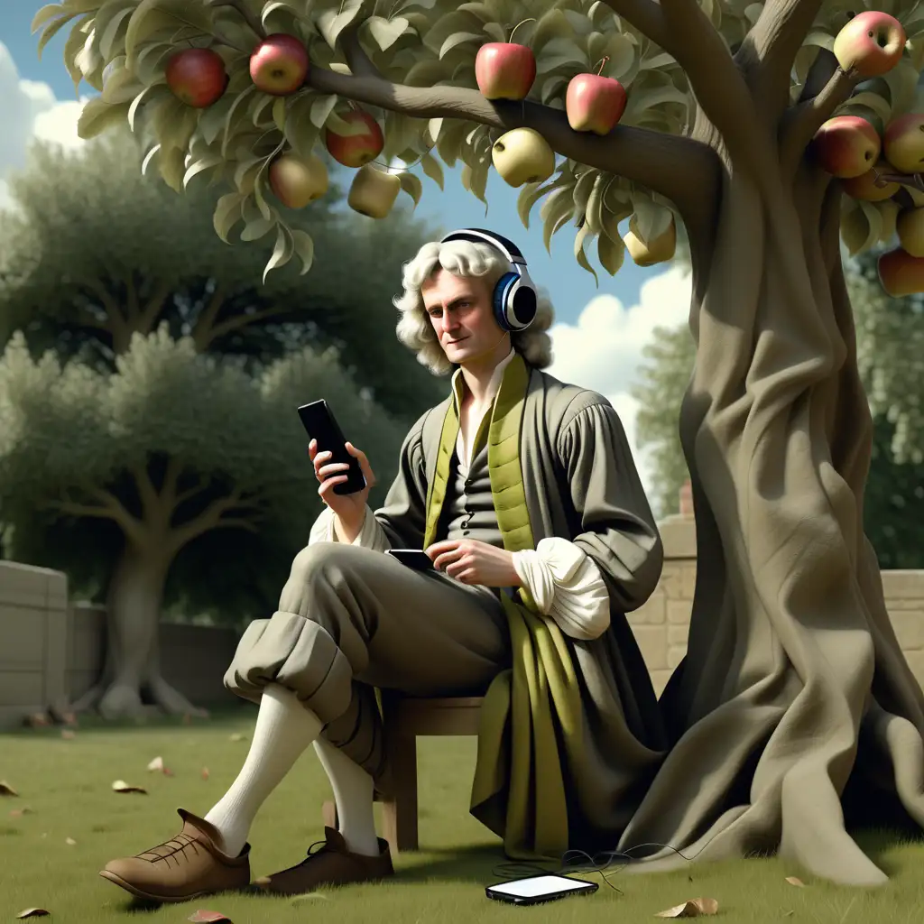 Isaac Newton sitting under tall apple tree listening music with headphones conected to the phone 17th century styled clothes