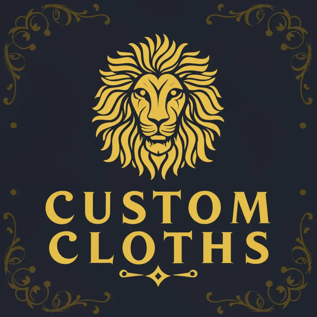 a logo design,with the text "CUSTOM
 ClOTHS", main symbol:golden lion,complex,clear background
