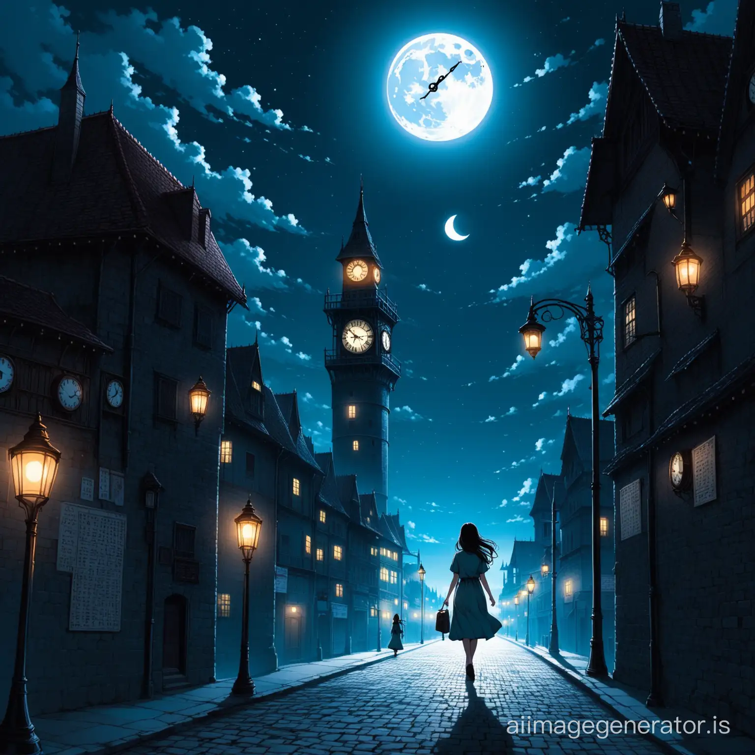 A woman sees her shadow, she walks at night under the full moon in the sky and next to it, a street lamp shines, and on the tower, there are clocks on which it is written 86.