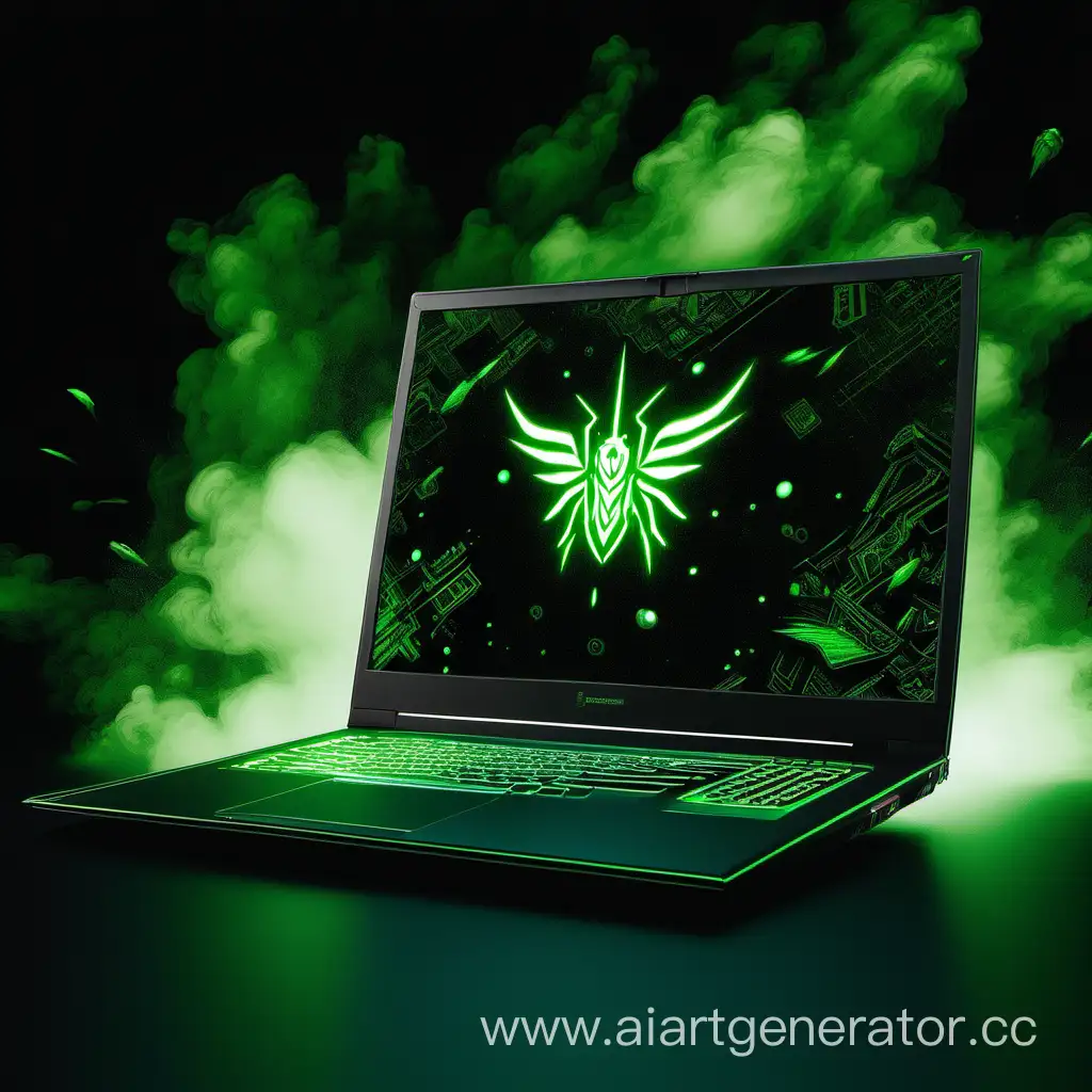 Gaming-Laptop-in-Enigmatic-Green-Haze-against-Dark-Background