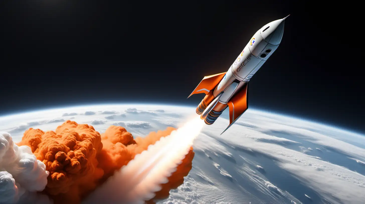 a futuristic rocket flies from the ground into space, has the colors of the Google logo and additionally a lot of orange, do not put any inscriptions or logos