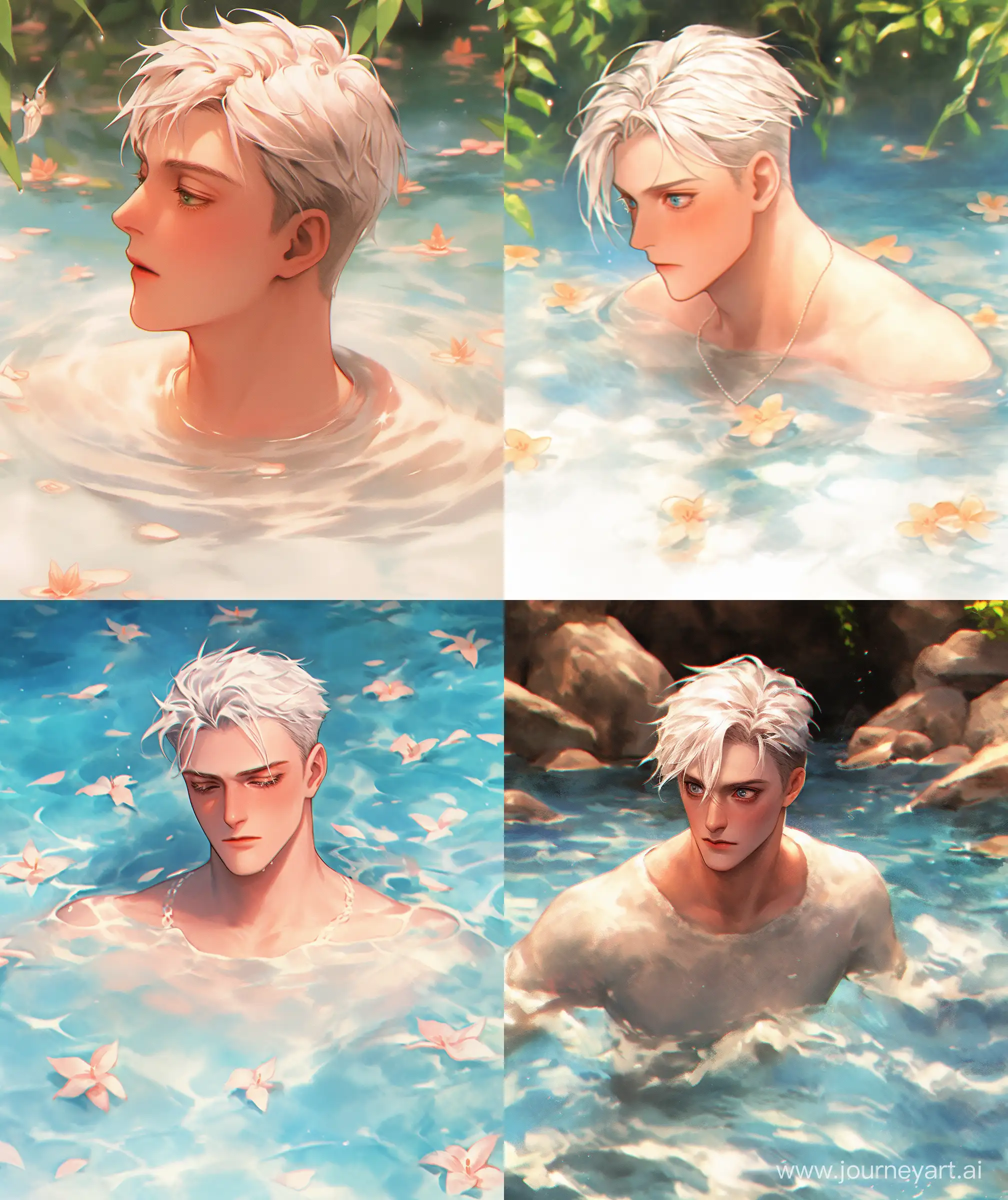 White hair boy dipping on water, handsome, semirealistic, beautiful --niji 5 --ar 27:32