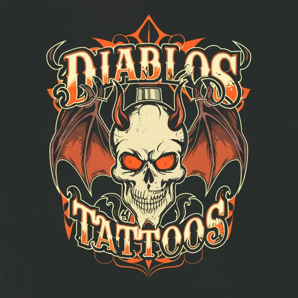 logo, skull with bat wings
hell in the backround, with the text "Diablos Tattoos", typography