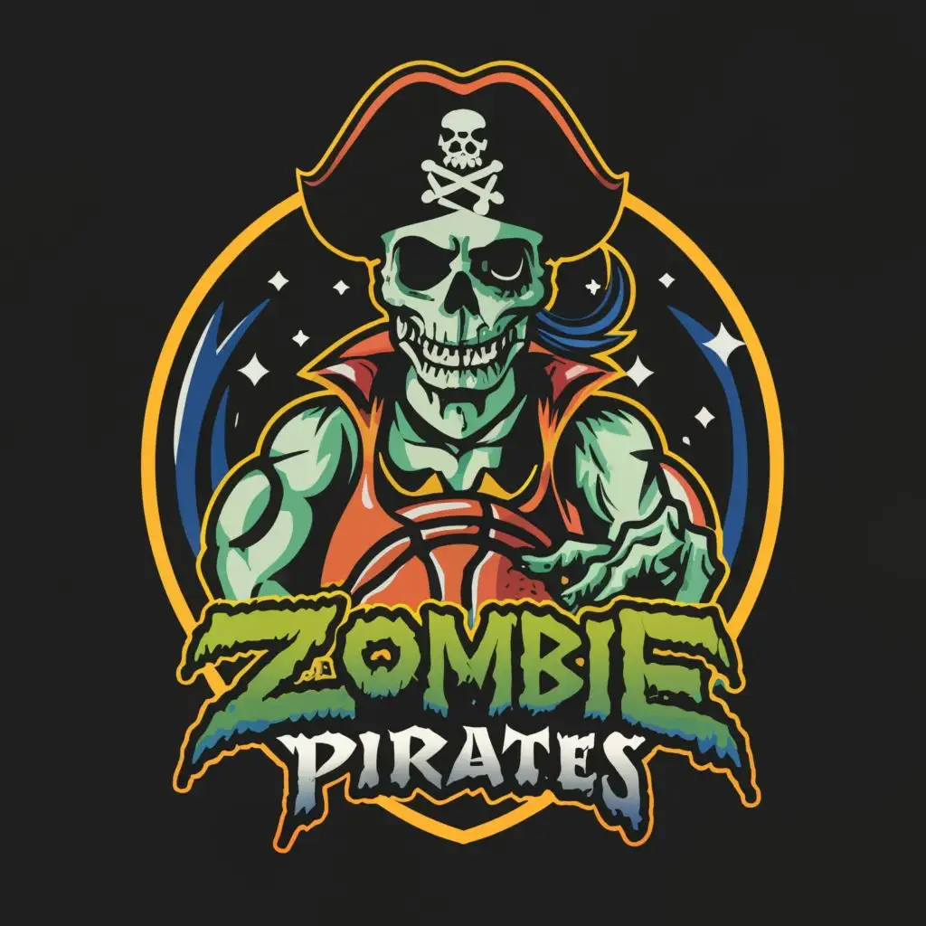 a logo design,with the text "Zombie Pirates", main symbol:modify this existing logo: https://piratesbc.com/wp-content/uploads/2015/04/Pirates-logo.png with the main character now a zombie pirate from outer space with a basketball,Moderate,be used in Sports Fitness industry,clear background