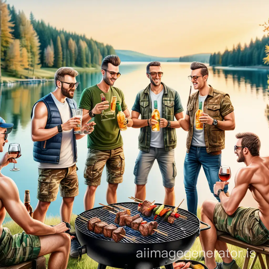 5 men of different builds in camouflage clothing, full-length
smoothly shaved,
in the background picturesque landscape, nature, forest, lake;
drinking alcoholic beverages;
grilling kebabs on the barbecue;
socializing;
in the foreground, a barbecue with skewers and meat;
skewers with kebabs are visible;
in hands glasses with alcohol;