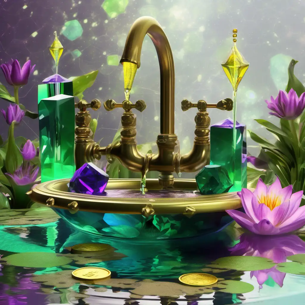 Frog swimming in a pond in a sink. Dripping neon green purple crystal liquid abundance. Gold B coins. Sacred geometry sun rays. Crystal cubes. Flower cubes. Lily pads, lotus flowers. Perfect cube. Renaissance style. Simple balanced.