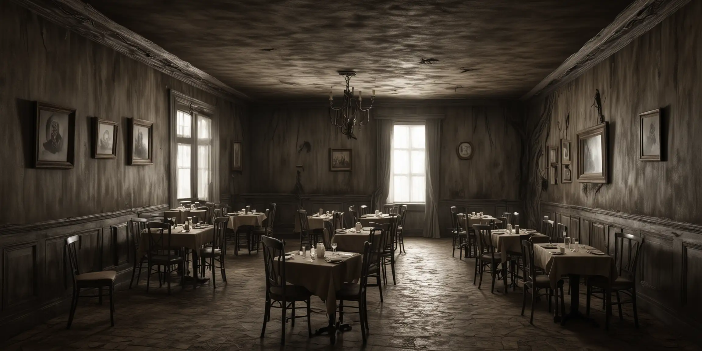 Eerie Haunted House Room Hyper Realistic Horror Scene very scary and designed for a large room that is for a Cafe with tables and chairs to sit on, make it look old and like a haunted house with monsters on the walls and ceiling like a really horrifying room.