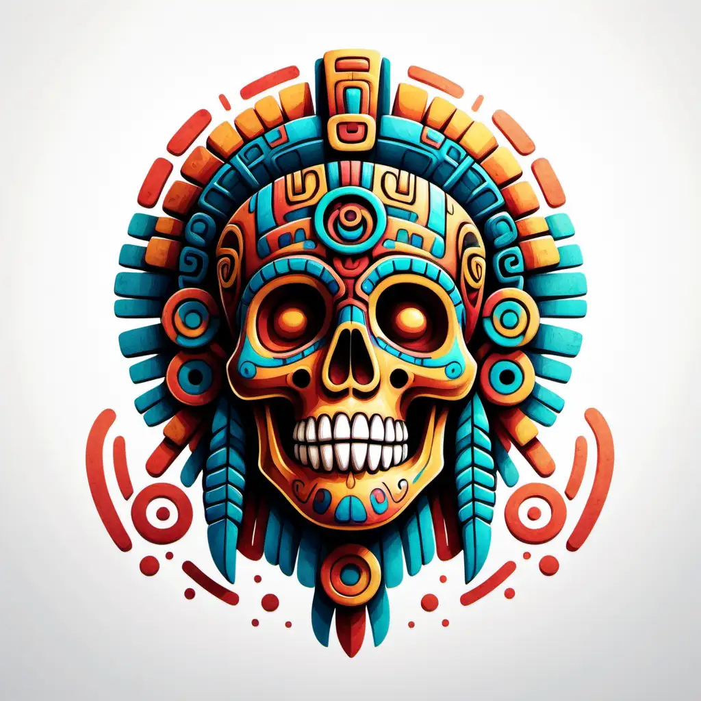 create a colourful sketch of a mayan glyph incorporating a skull on white background