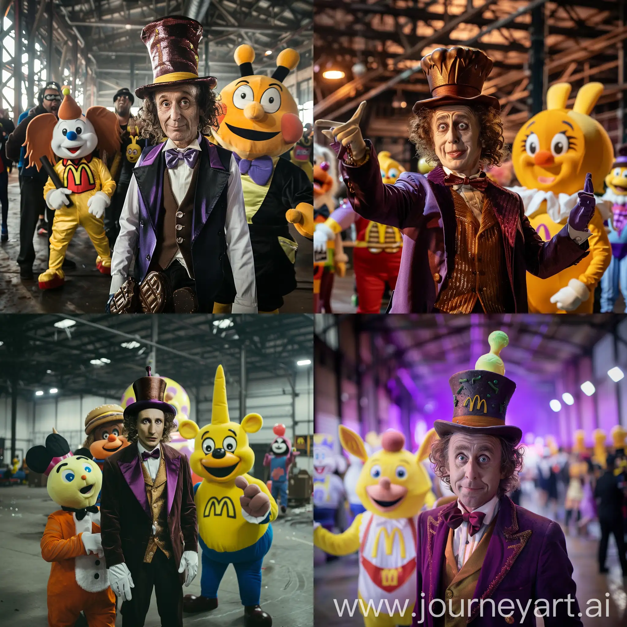 Willy Wonka at Chocolate Factory in a Chaotic Warehouse Rave McDonalds Mascots and Nickelodeon Cartoon characters attending