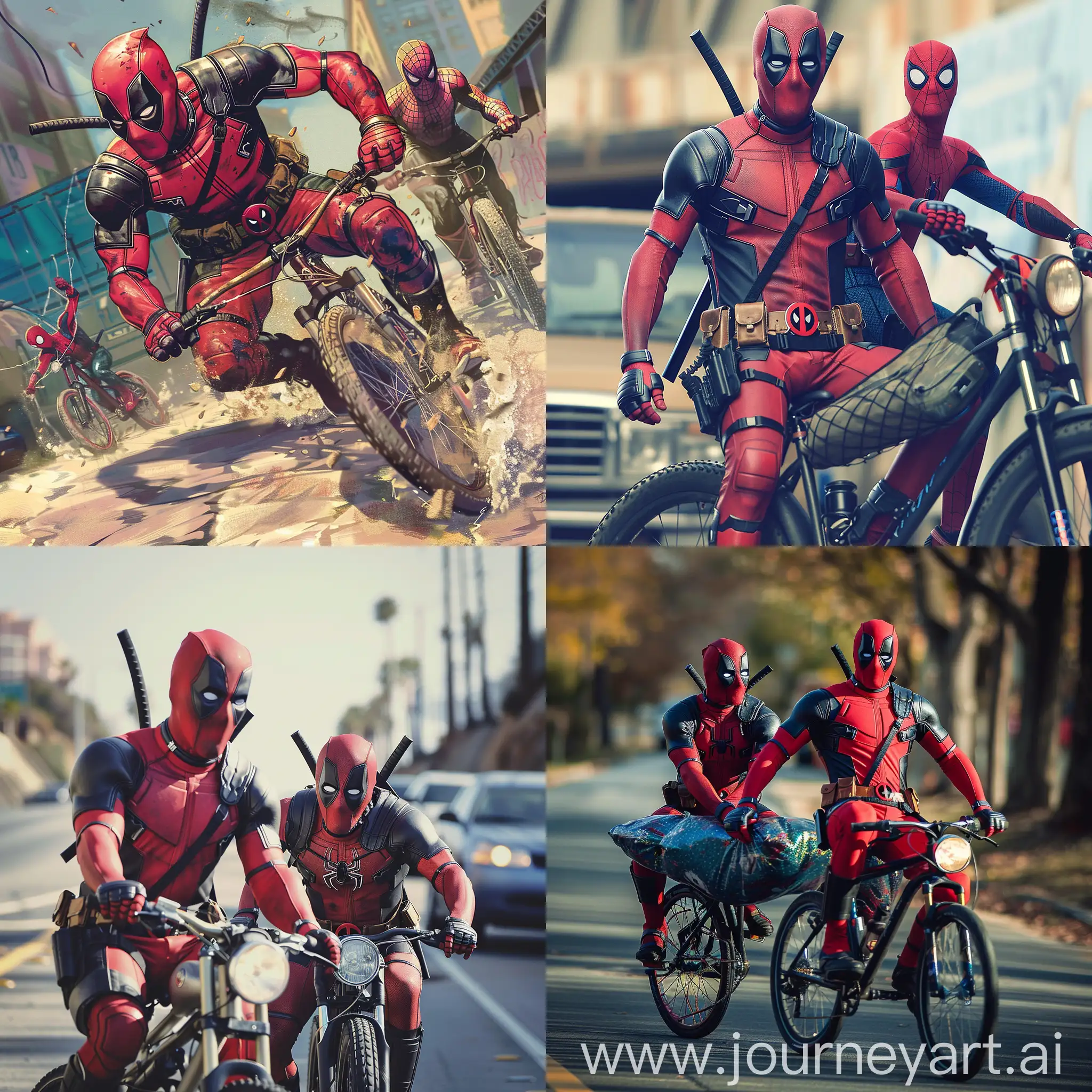 deadpool with spiderman on bike