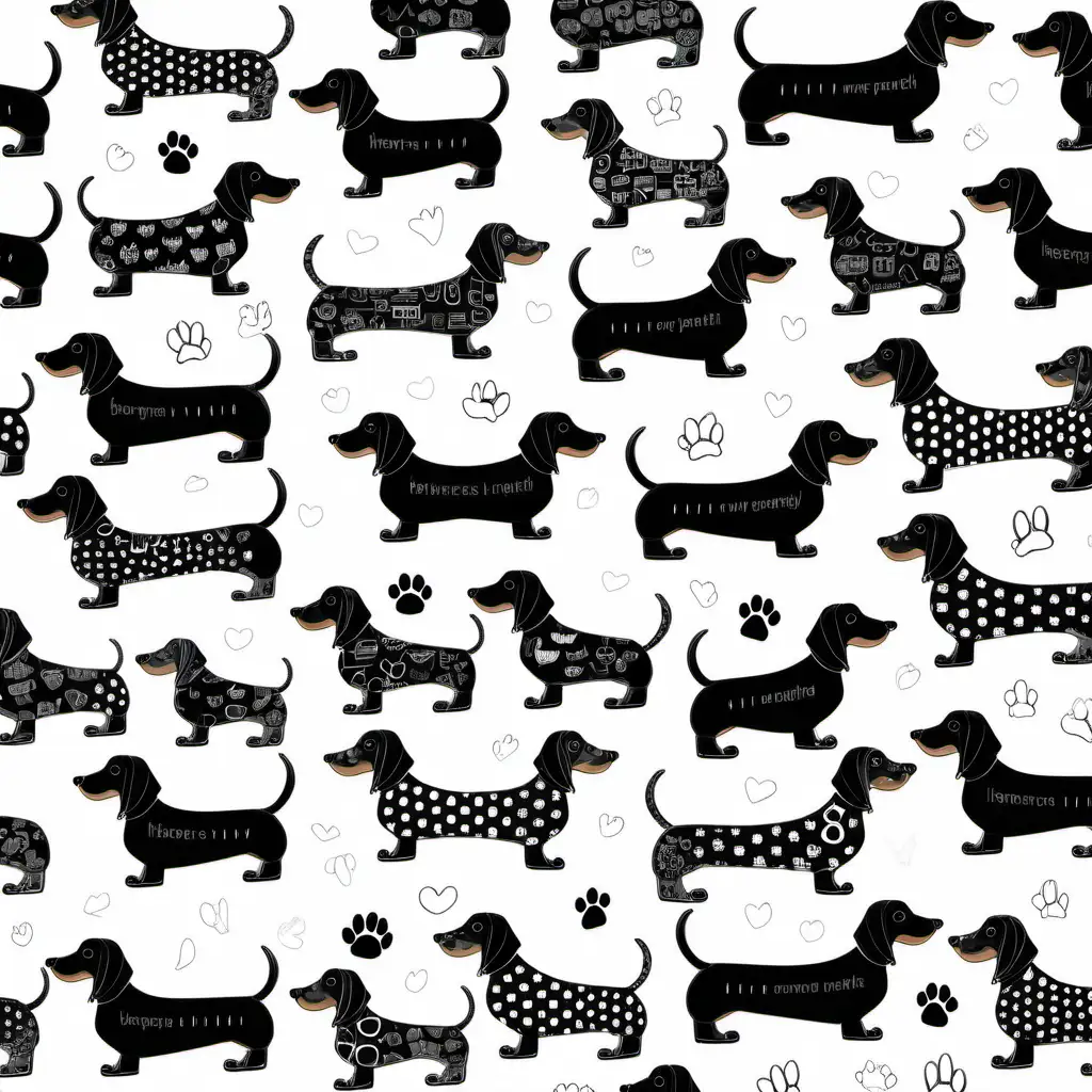 Create a whimsical and charming repeatable pattern with Dachshunds, adopting a playful and illustrative style in black and white. Highlight the unique characteristics of Dachshunds, including their long bodies, short legs, and expressive eyes, using simple black outlines. Incorporate playful elements like paw prints or bones to add interest to the design. Ensure the pattern seamlessly repeats for a delightful black and white design suitable for a variety of applications, from children's products to modern home decor