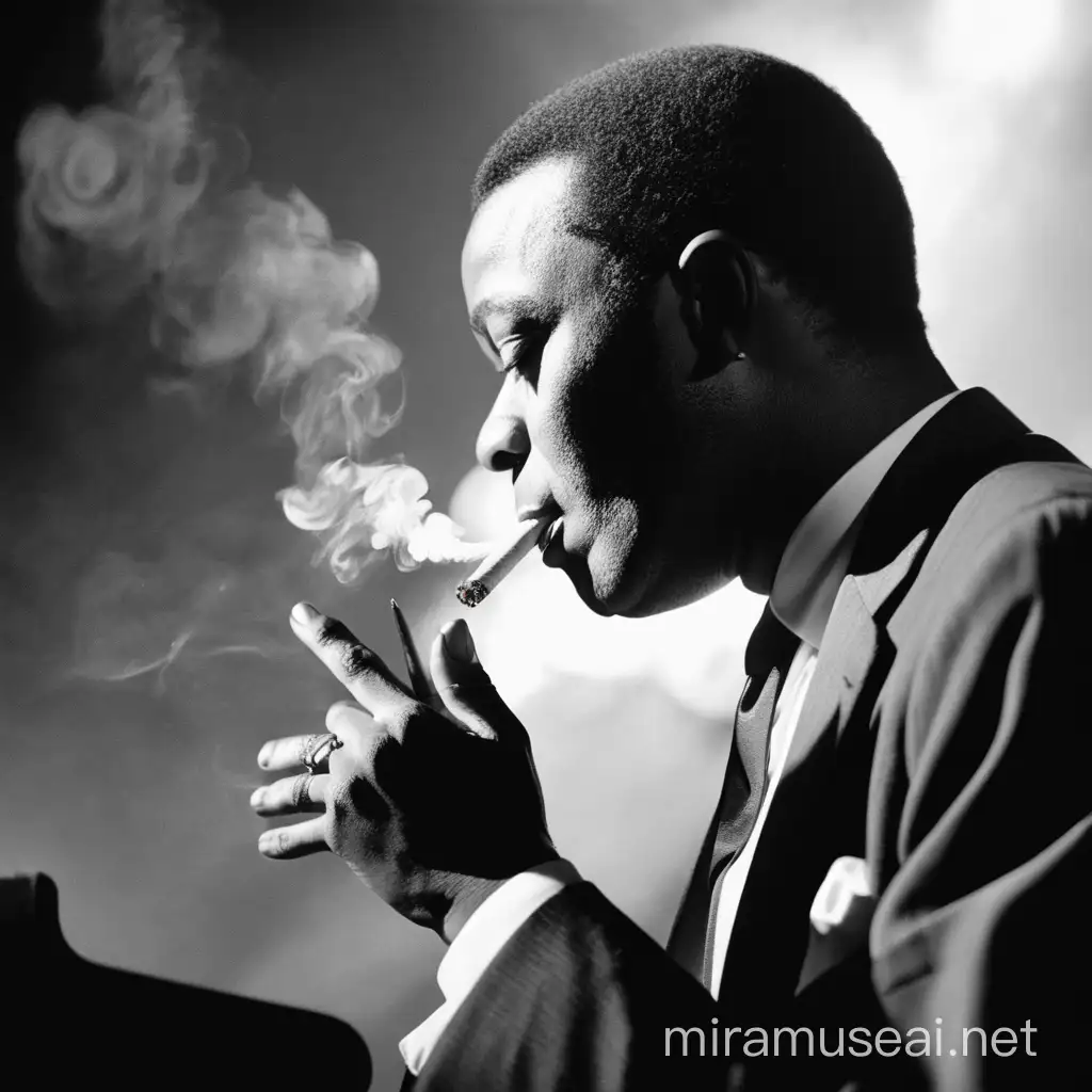 black and white photo of a jazz musician smoking a cigarette