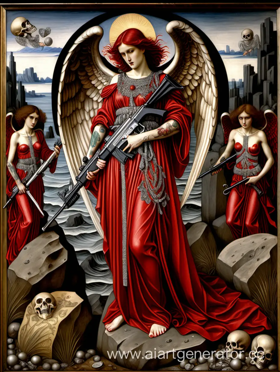 Edward Burne-Jones painting of 3 tattooed female  angel warrior wearing red clothes ornate in diamonds, silk and robes, welding a kalashnikov and a CHANEL  bag full of money and skulls, standing on a rock, high tones, high detailed, full body —c 22 —s 750 —v 6.0 —ar 5:7