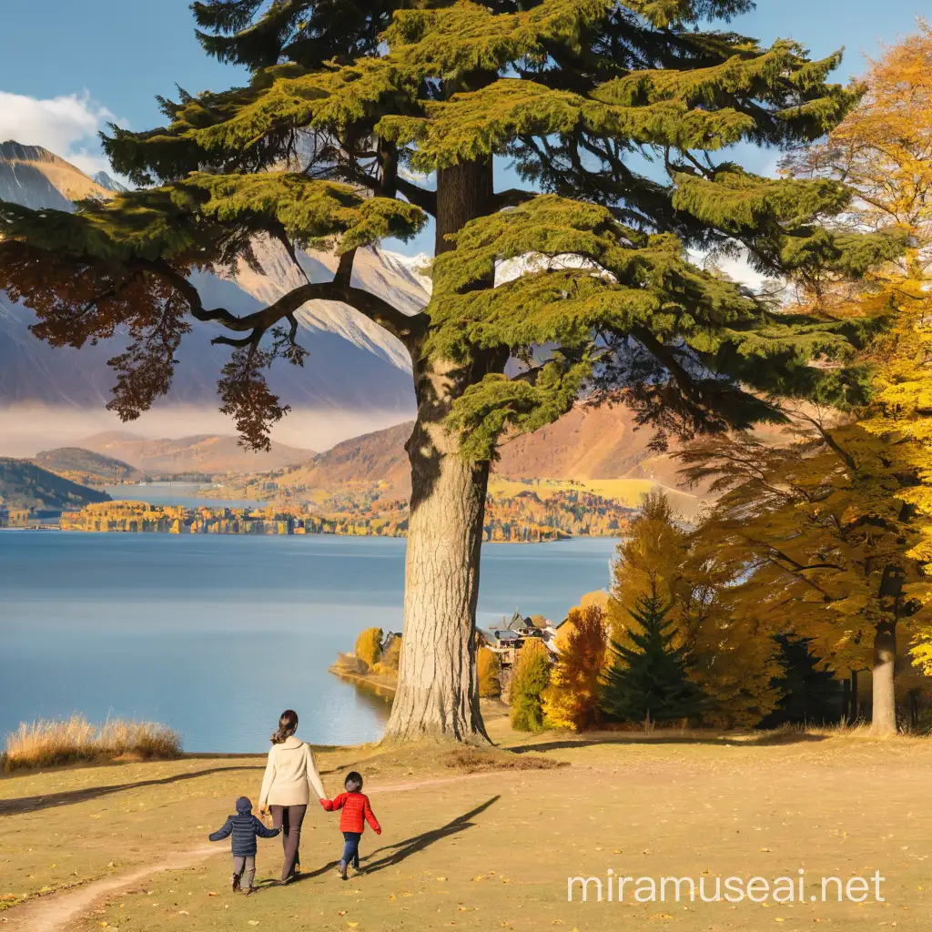 Golden Autumn Family Stroll Towards Mountains and Lake