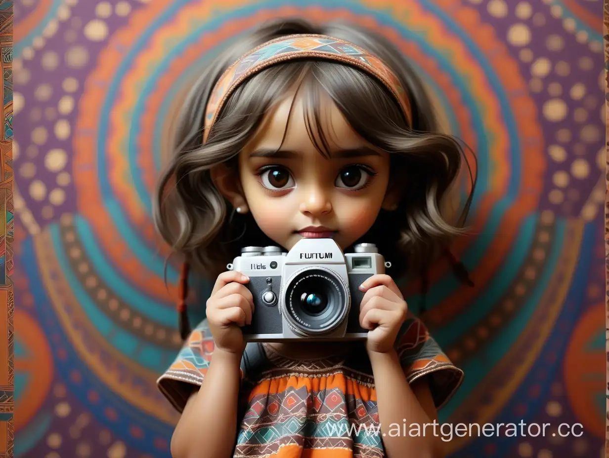 волшебный фон этнические узоры маленькая девочка с фотокамерой fujifilm
