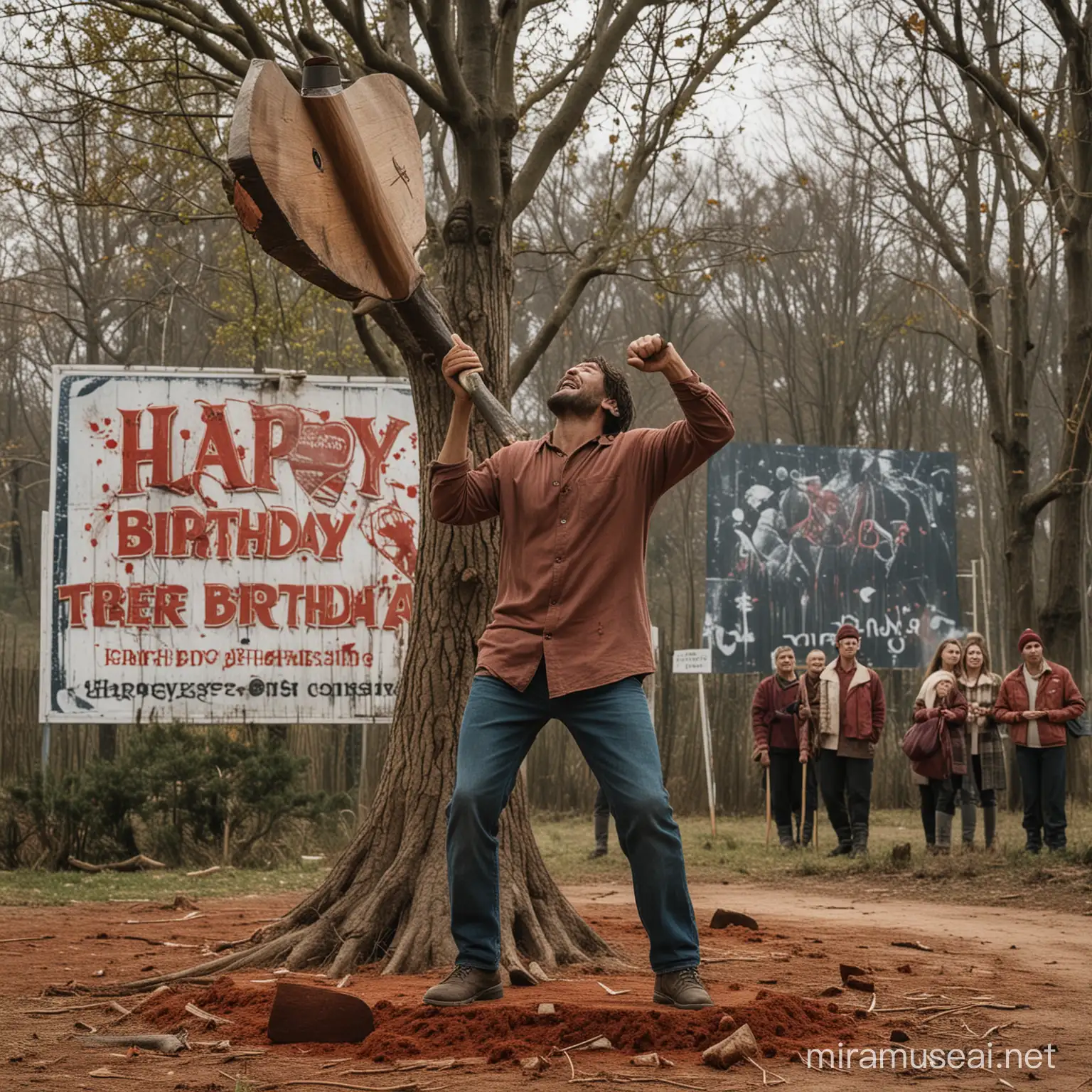 a man standing in the center of the universe cutting the tree with large axe .Tree is made of energy and when the axe is hitting the tree the blood starts coming out. in the background there is a billboard that says HAPPY BIRTHDAY MAGISTRE