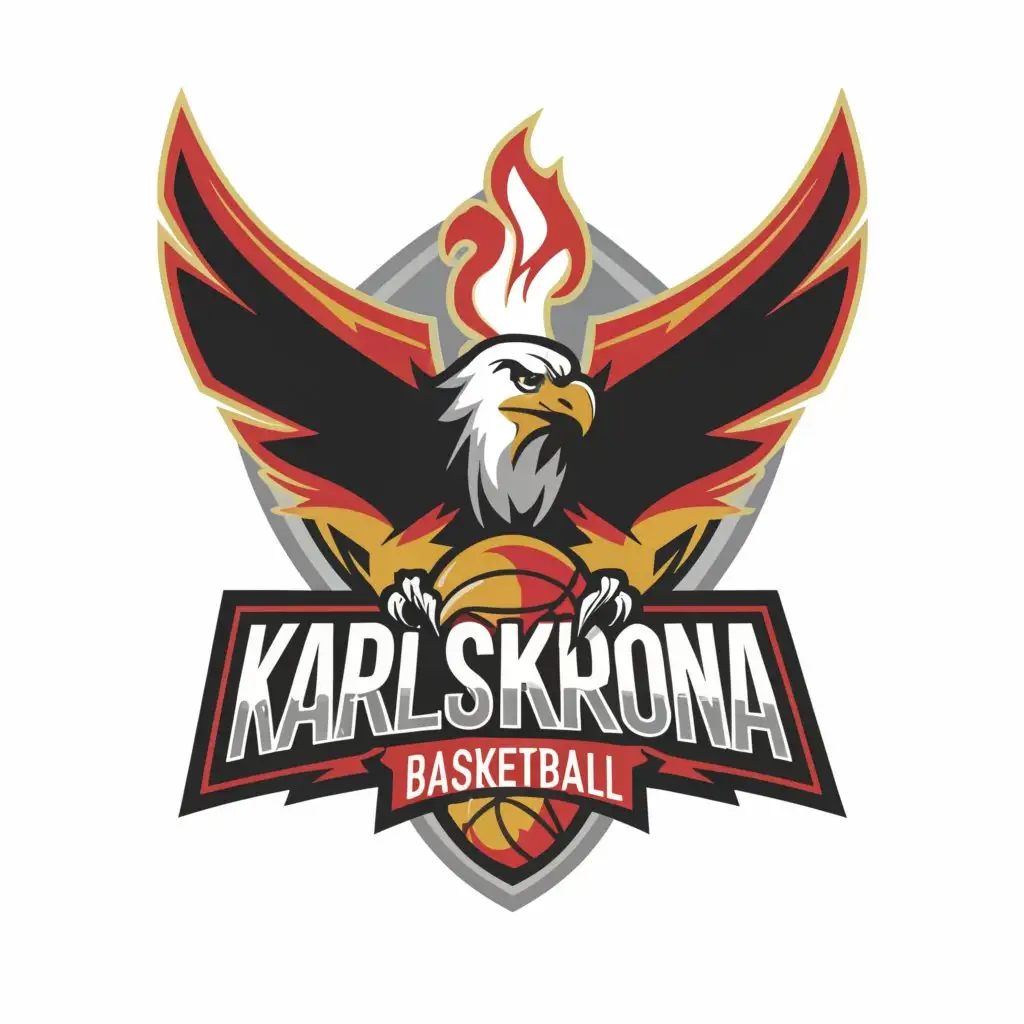 a logo design, with the text 'Karlskrona Basketball', main symbol: Eagle Basketball Red Black Fire Aggressive A basket net behind, Moderate, to be used in Sports Fitness industry, clear background