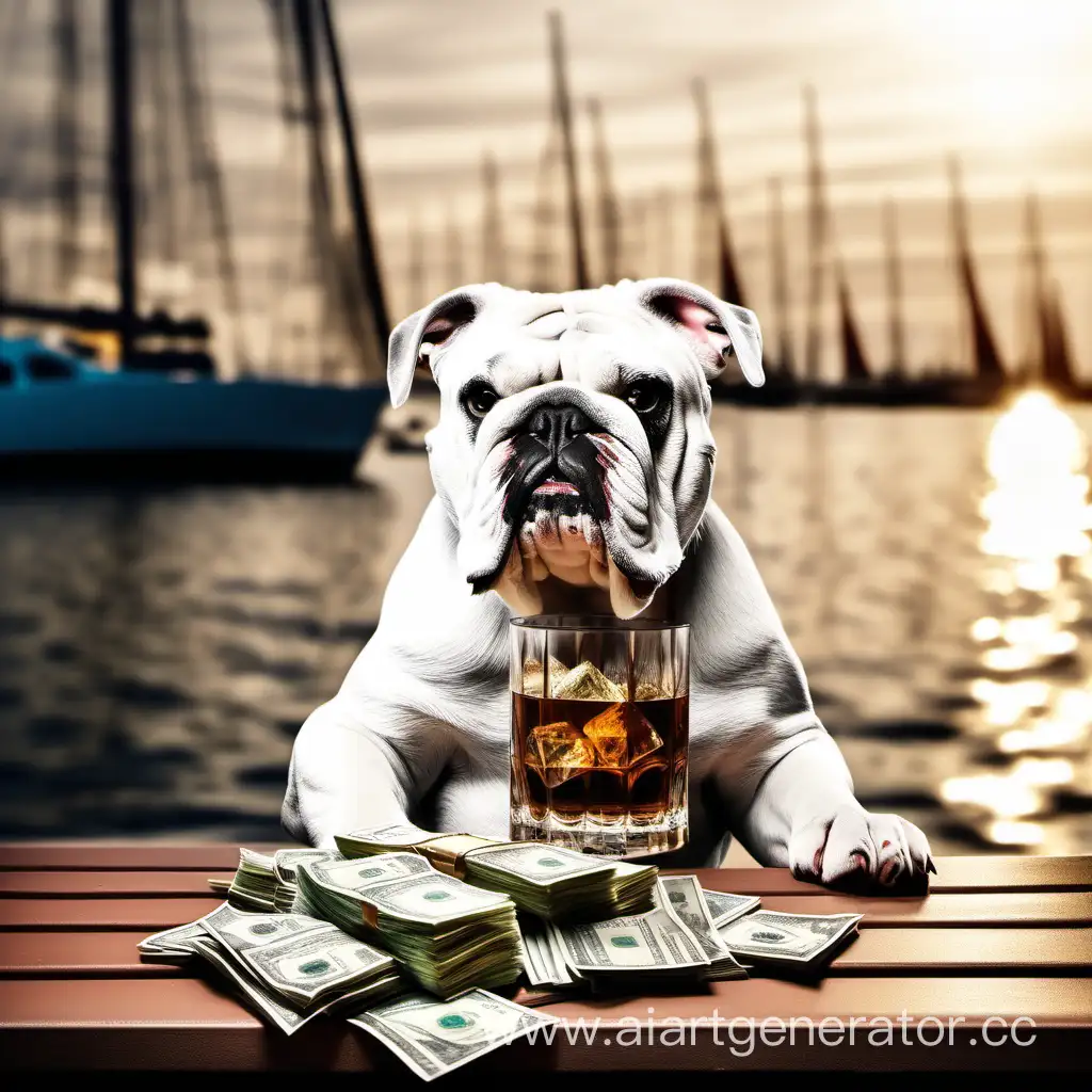 бульдог с бокалом виски и кучей денег на фоне яхты