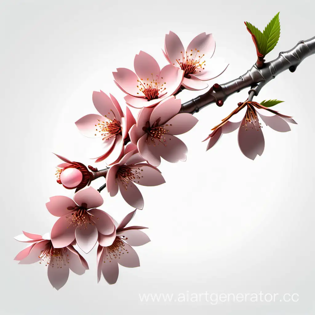 Voluminous-3D-Cherry-Blossom-Branch-on-White-Background