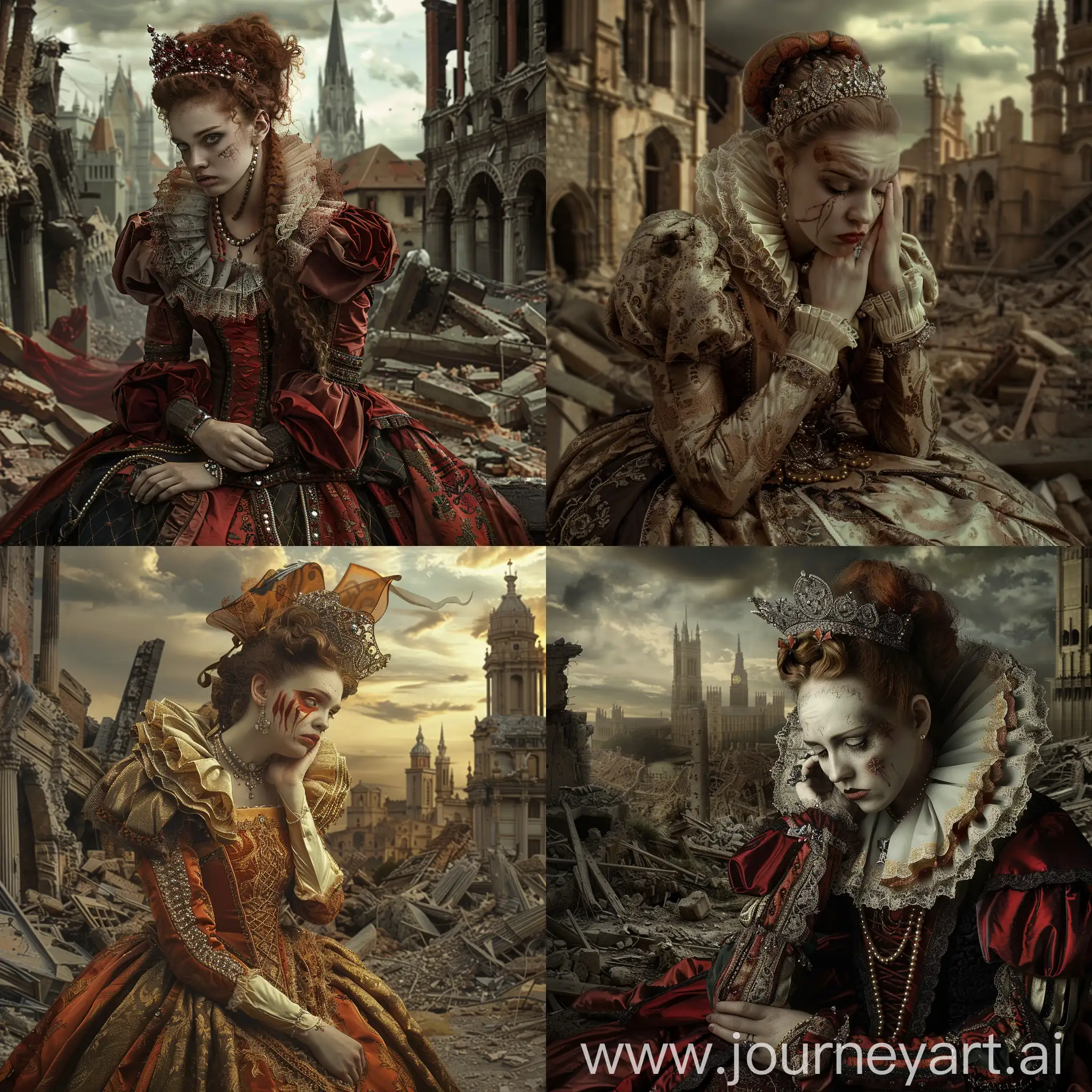 Distressed-Elizabethan-Queen-Amid-Ruins-of-a-Destroyed-City